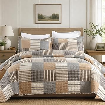 Quilts Queen Size - Plaid Design Rustic Cabin Quilt Set with Matching Shams, 3 Pieces 100% Cotton Lightweight Bedspread Coverlet for Queen Bed, All Season, Light Brown/Gray/Beige