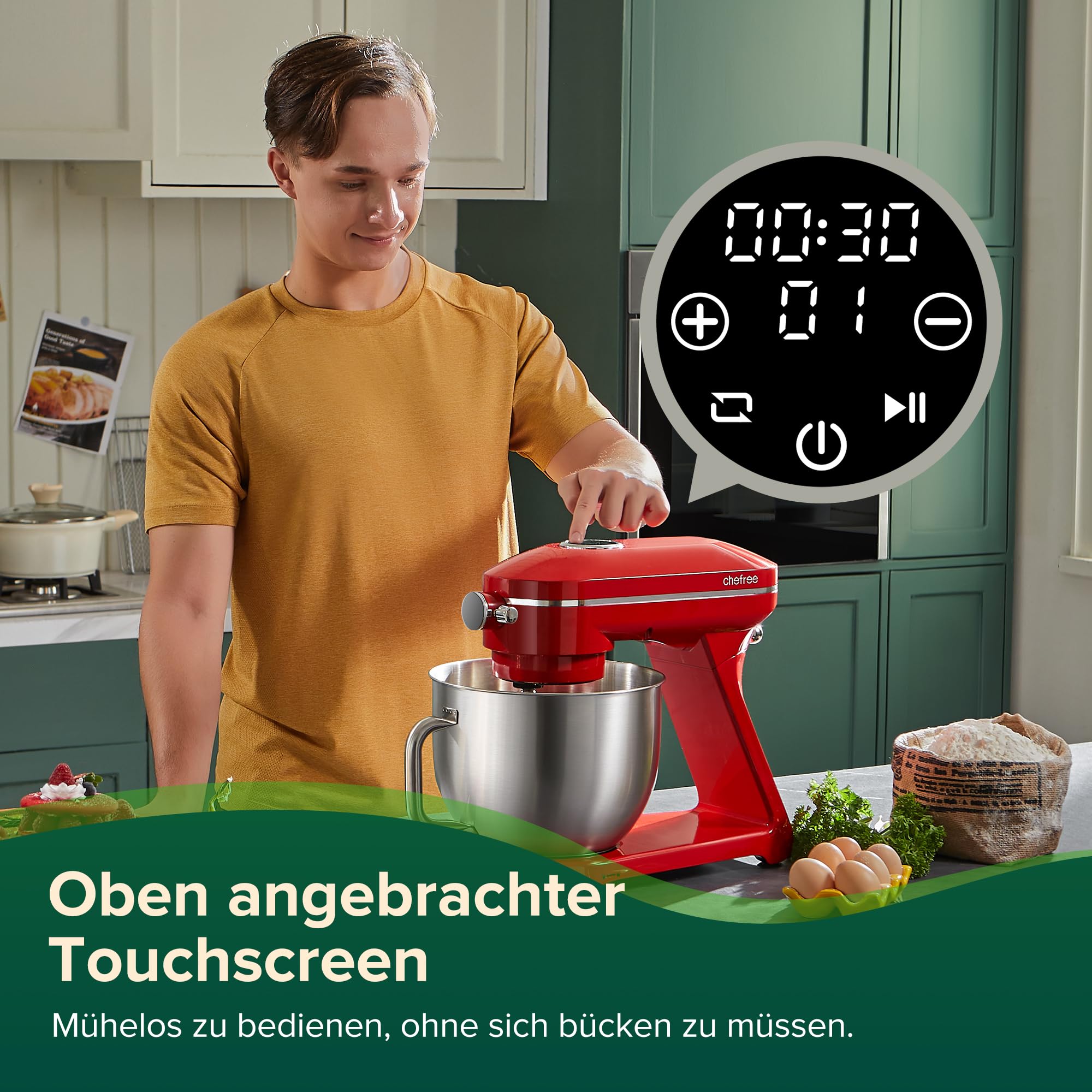 CHEFREE Impastatrice Planetaria 1800W, Robot da Cucina Grandi Multifunzione a 10 Velocità, Robot da Cucina con Ciotola da 7L, Gancio per Pasticceria, Frusta, Rullatore, Corpo in Metallo, Rosso, M500