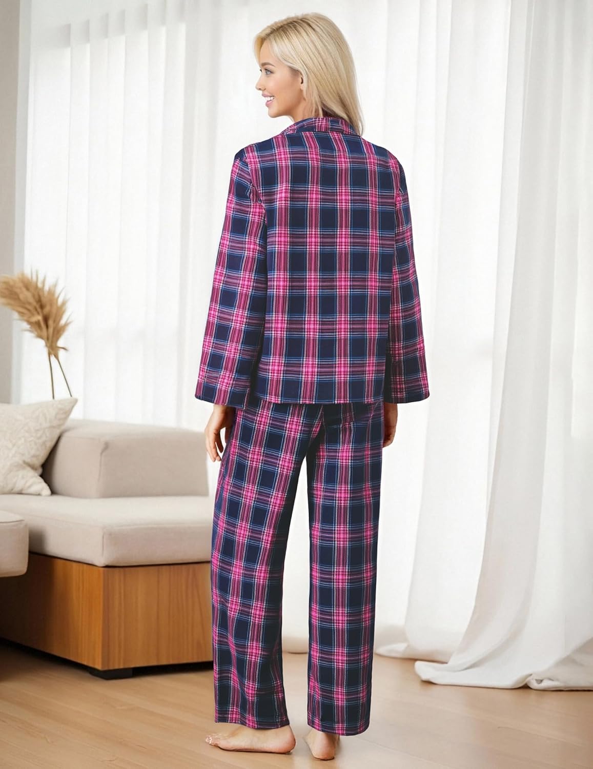 Ekouaer Pajamas Set for Womens 2 Piece Cotton Plaid Pjs Long Sleeve Sleepwear Soft Button Down Loungewear with Pockets - Image 4