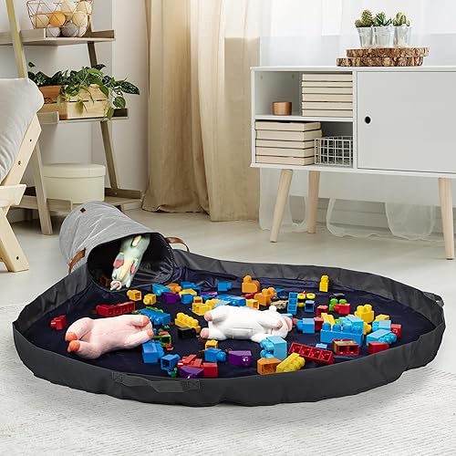 Miniatura 8 de Cesta de almacenamiento de juguetes y tapete de juego, tapete de almacenamiento grande para mantas de juguetes con cremalleras, contenedor de