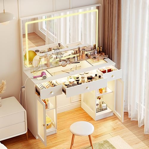 Miniatura 8 de Escritorio de tocador con pomos de cristal con espejo y luces, 12 bombillas LED, tocador de maquillaje con parte superior de cristal con 3 cajones y