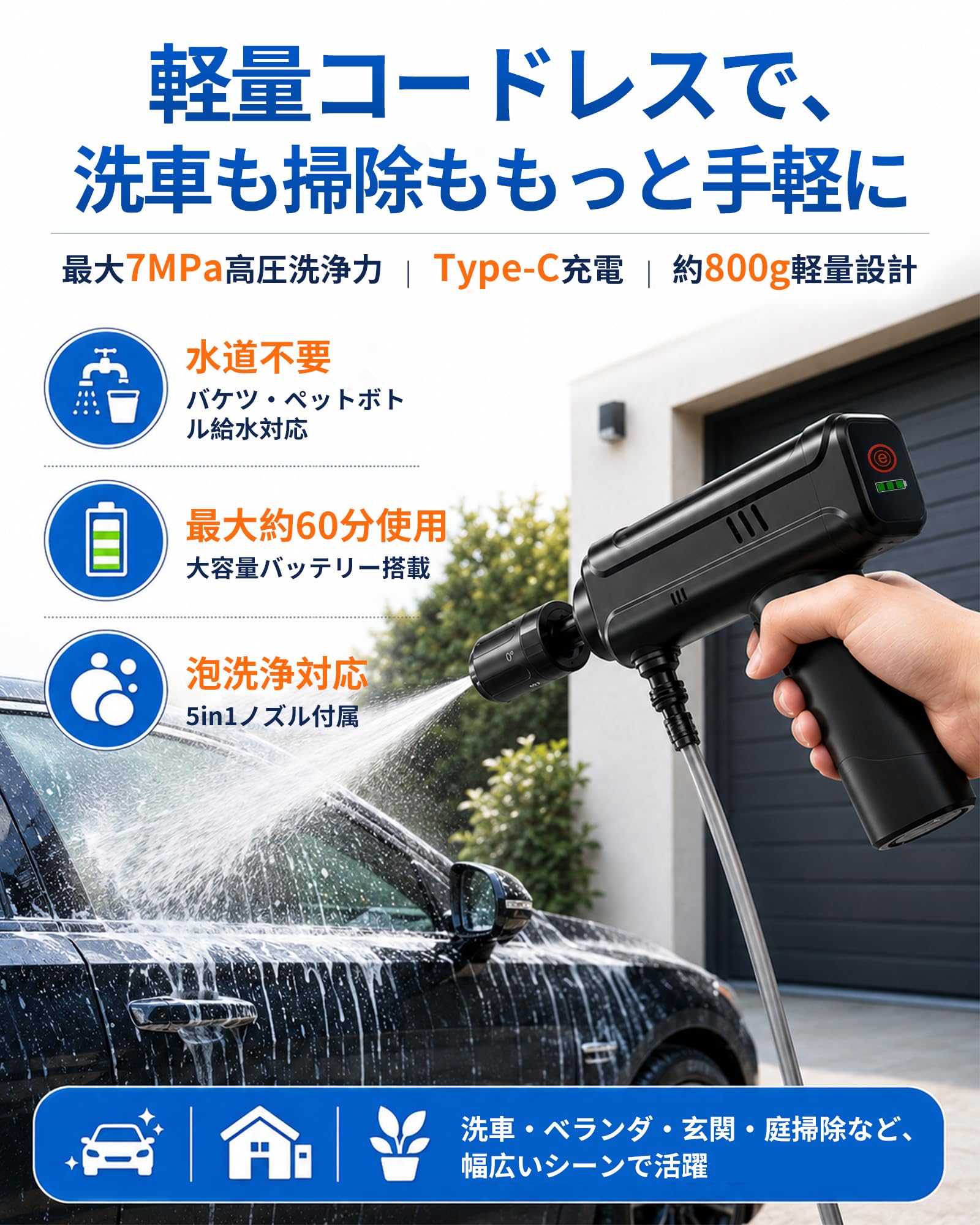 Amazon | Guranko 高圧洗浄機 ハンディ コードレス USB充電 水道接続