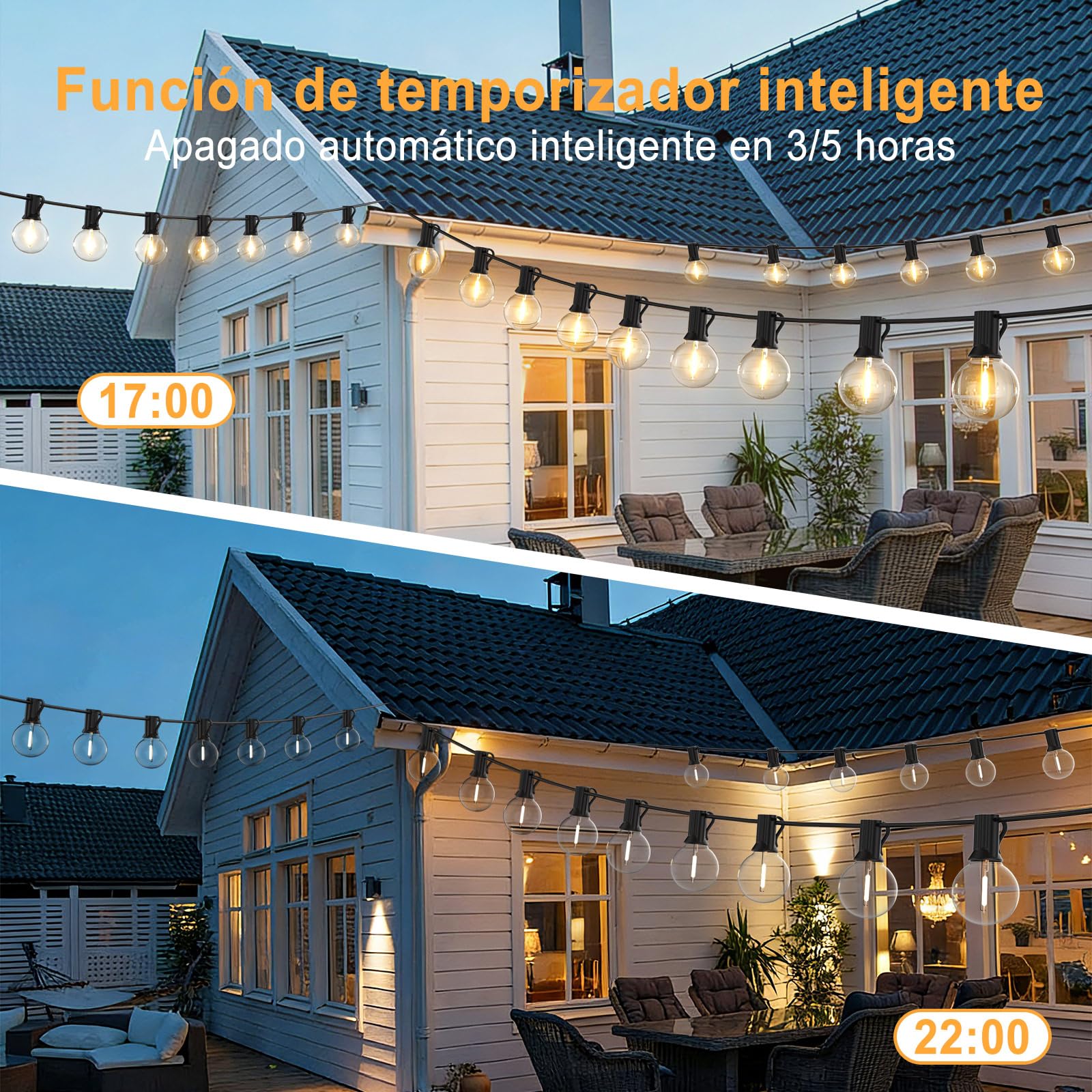 Guirnaldas Luces Exterior Solar, 30M/99Ft Lámparas Solares de Jardín Luces con 50+3 G40 Bombillas IP45, 4 Modos Impermeable Guirnalda Solares para Jardín, Terraza, Navidad, Fiesta