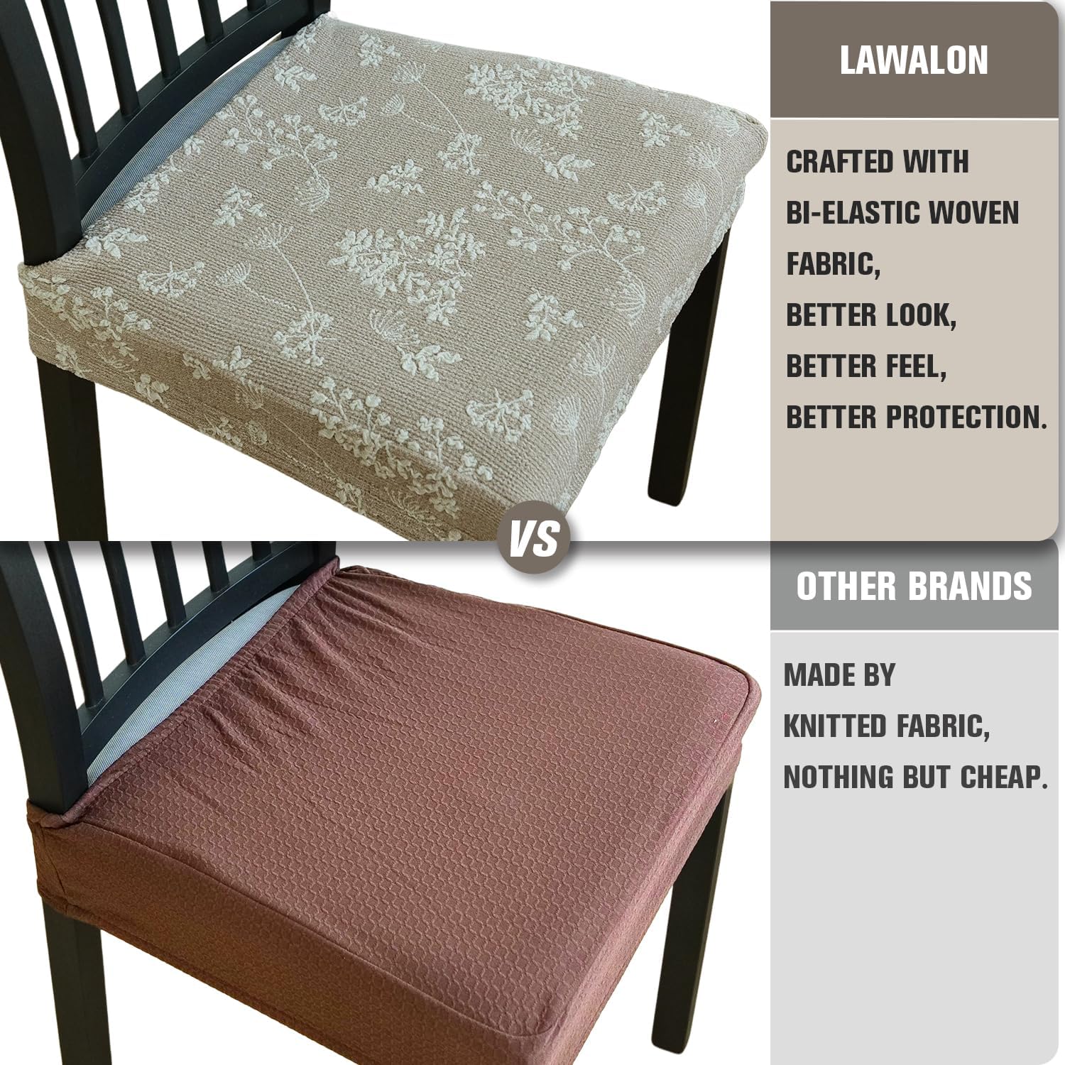 Jacquard Dining Chair Seat Covers (Light Brown, Set of 2), Elastic Cotton-Blend Slipcovers with Yarn-Dyed Floral Pattern, Durable Washable Seat Protectors for Dining Room or Kitchen Use