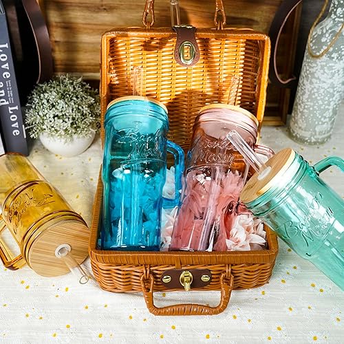 Miniatura 8 de ANOTION Juego de 4 tazas de vidrio de colores con asa, tazas de vidrio de 24 onzas con tapas y pajitas, taza de café de viaje, tarro de bambú Mason