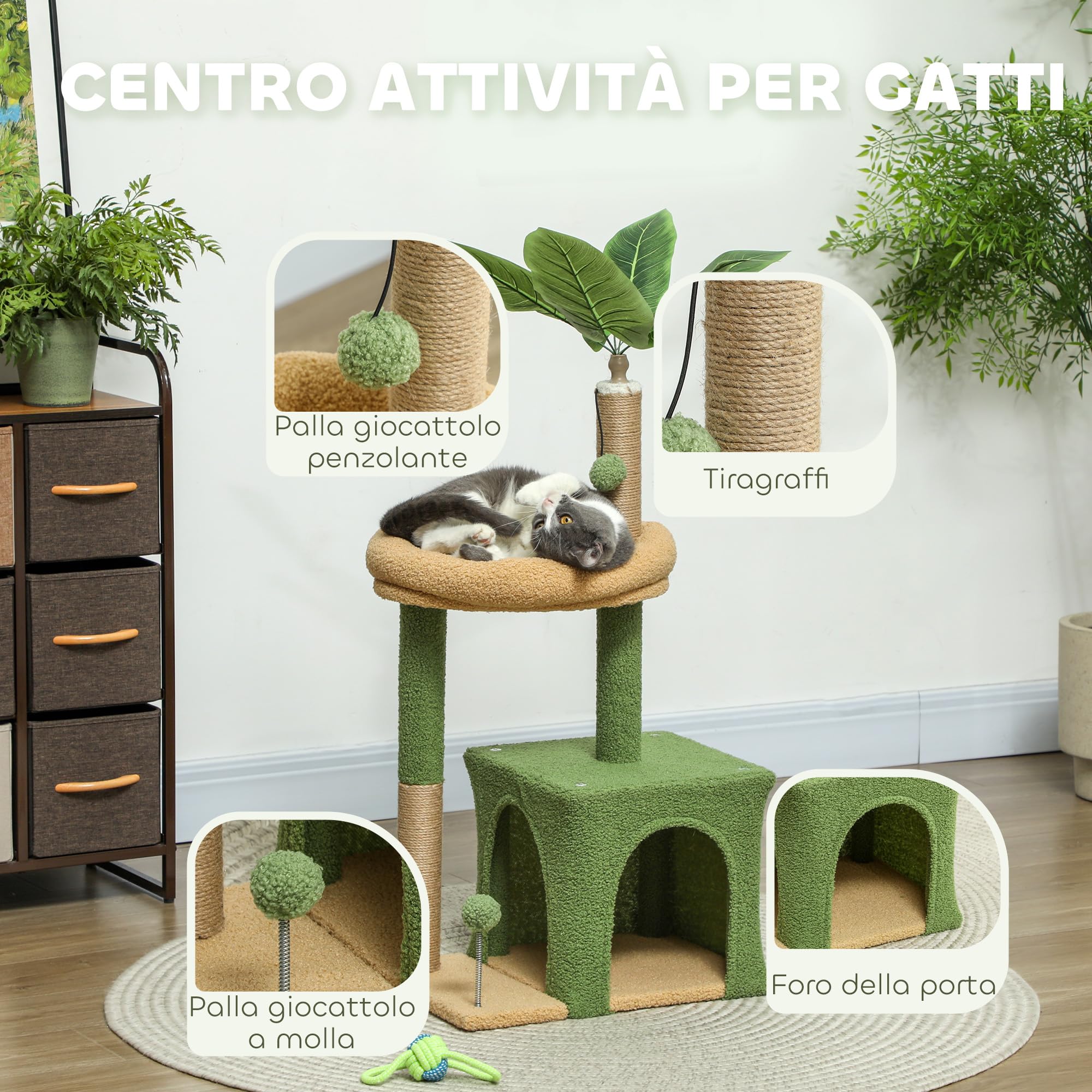 PawHut Albero Tiragraffi per Gatti con Foglia di Palma, Casetta, Lettino e 2 Palline, Torre per Gatti in Legno e Poliestere, 44x30x98 cm, Verde e Marrone