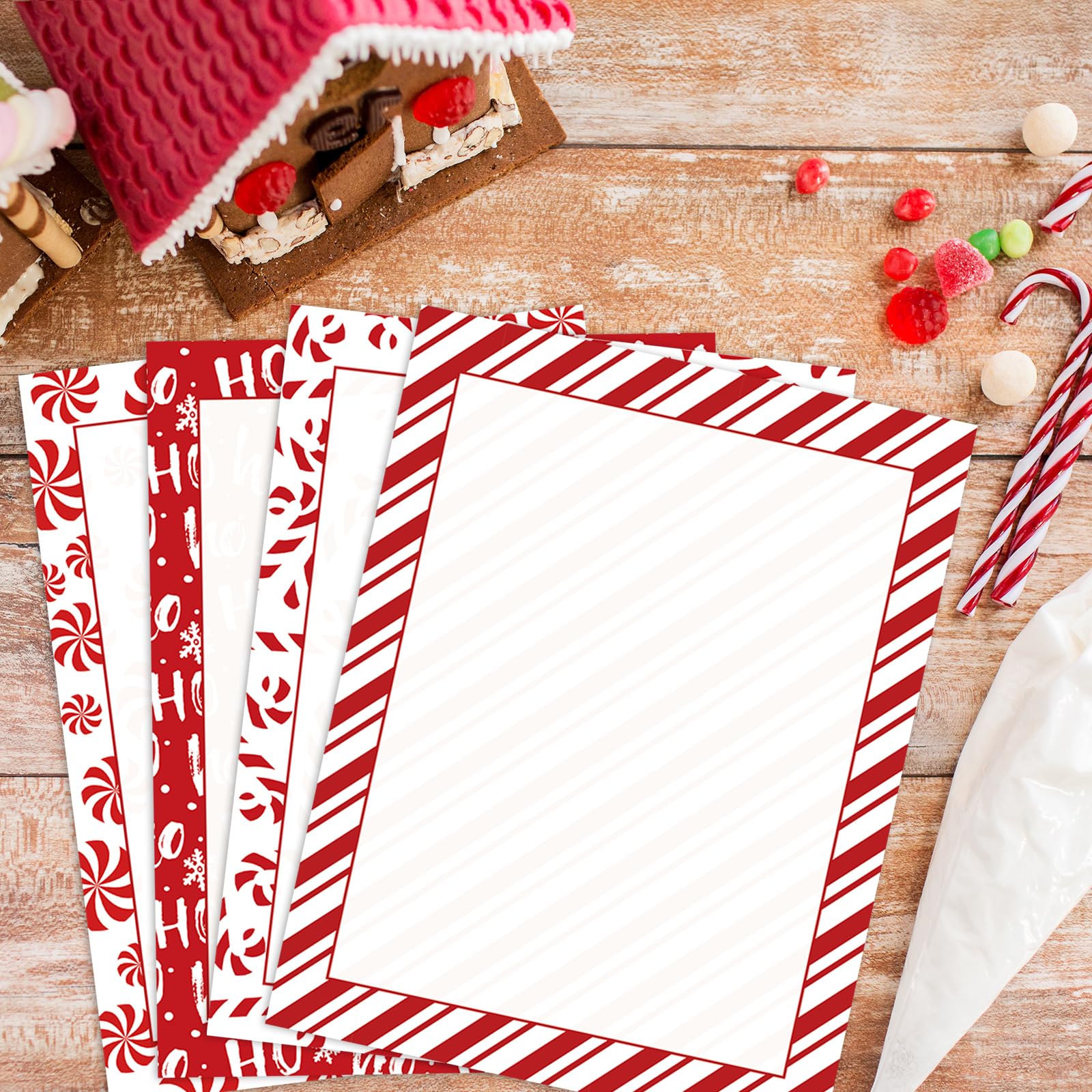 JarThenaAMCS Weihnachtsbriefpapier, doppelseitiger Druck, rote Zuckerstange, gestreift, Briefpapier für Notizen, Grußkarten, Einladungen, Bürodruck, 21,6 x 27,9 cm, 60 Blatt