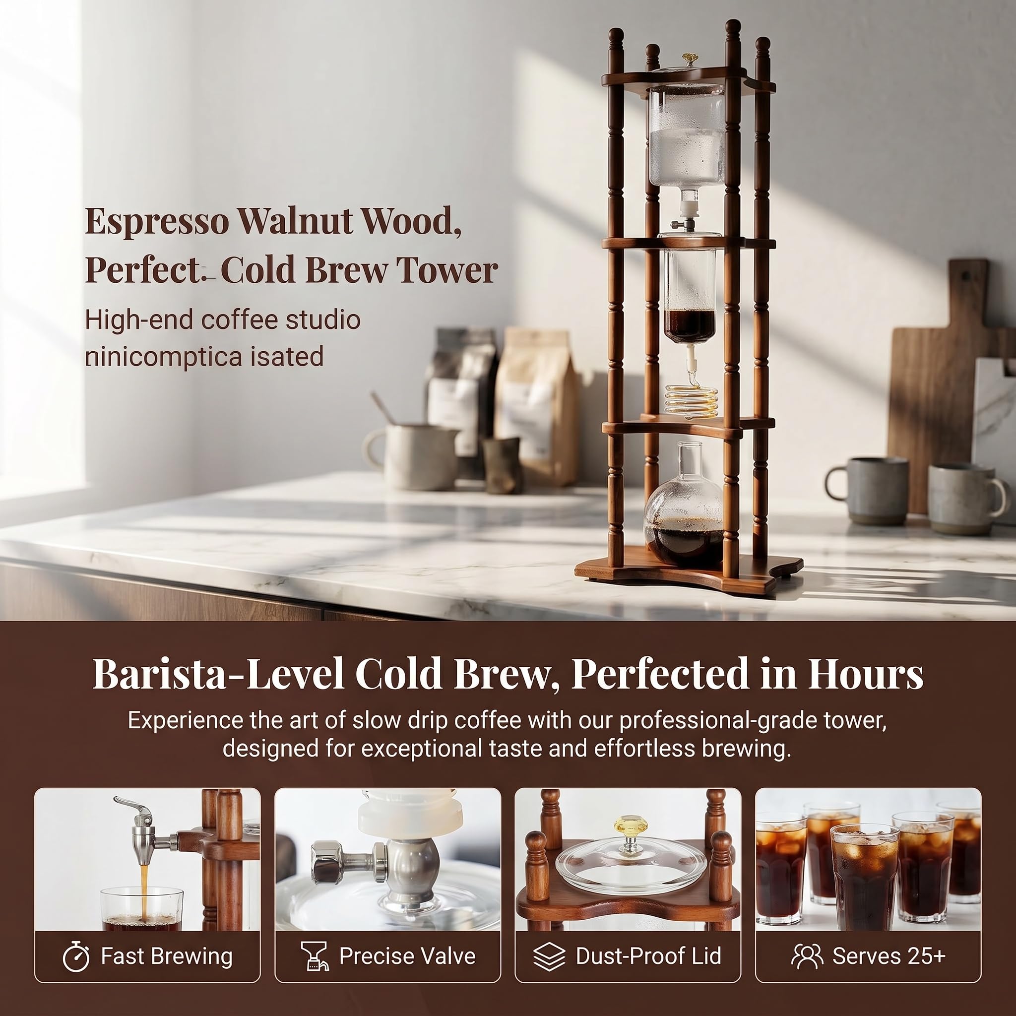 Cafetera De Goteo para Café Helado De 3000 Ml, Torre para Preparar Café Frío De 25 Tazas, Tasa De Goteo Ajustable, Filtro De Tela, Marco De Madera Maciza, para Amantes del Café Y El Té