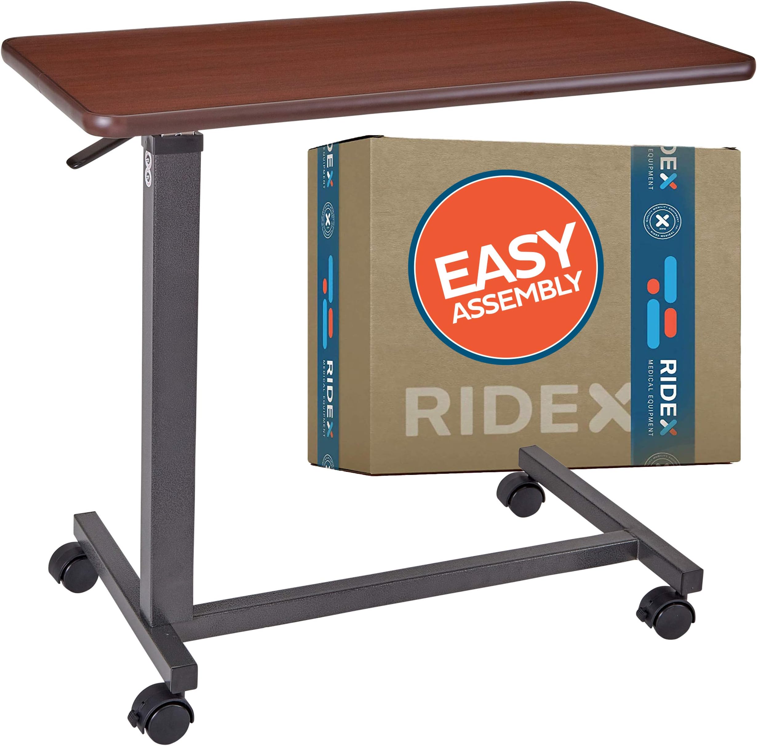Ridex Adjustable Overbed Table - Non-Tilt Mobile Bedside Desk Tray with Swivel Caster Wheels - Serve Meals, Use Laptop/Computer, Writing - Great for Elderly, Hospital Patients, Home Care -Hospital Bed Table, Walnut Wood (RM9001)