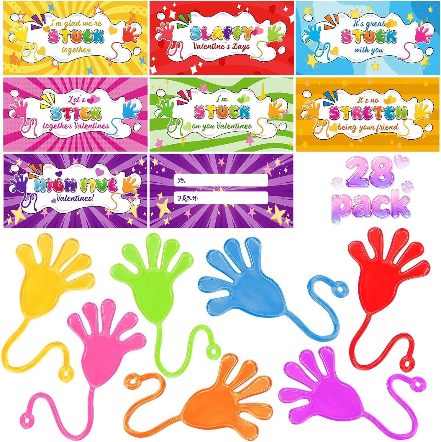 Valentines Day Cards for Kids School, 28 Packs Valentine Day Gifts with Cards for Kids Classroom with Funny Sticky Hands toys, Valentines Party Favors Exchange Gift for Boys Girls
