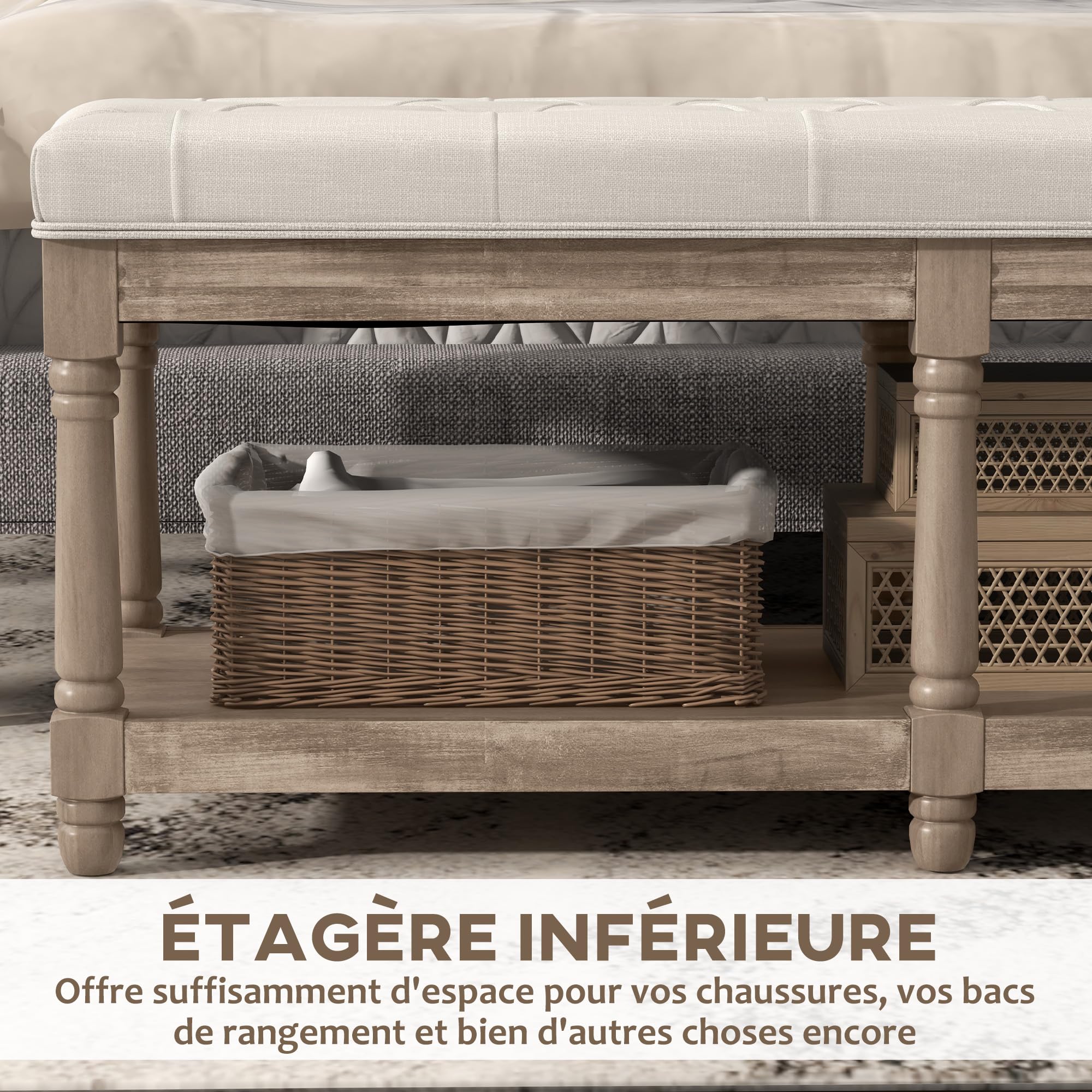 HOMCOM Banquette, Banc à Chaussures capitonnée, Bout de lit, 115 cm, 2 Niveaux étagère, Style Classique, piètement en Bois sculpté, rembourrée en Lin, Beige