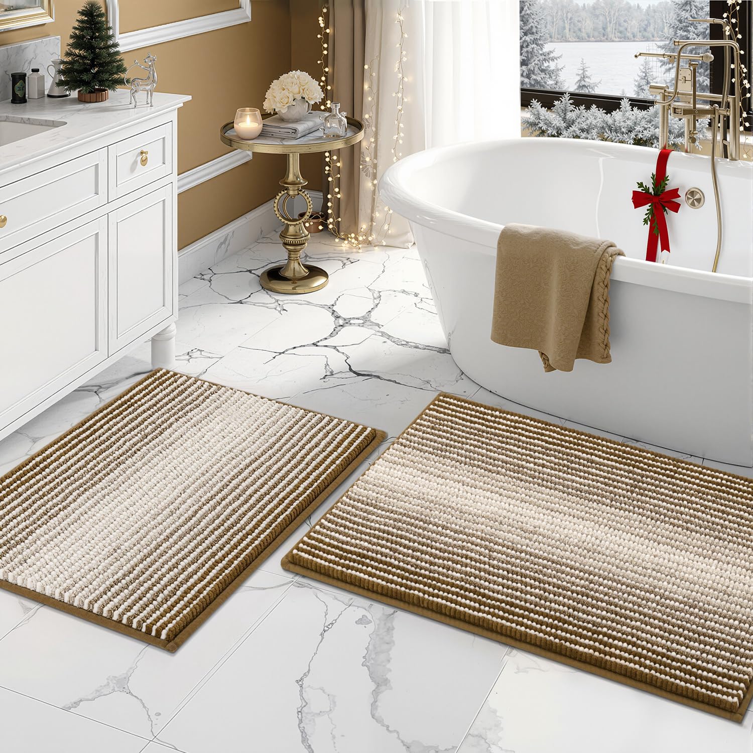 BSICPRO Bathroom Rugs and Mats Sets, 2 Piece Thick Absorbent Chenille Non Slip, Soft Shaggy Bath Room Floor Mats for Bathroom, Machine Washable (