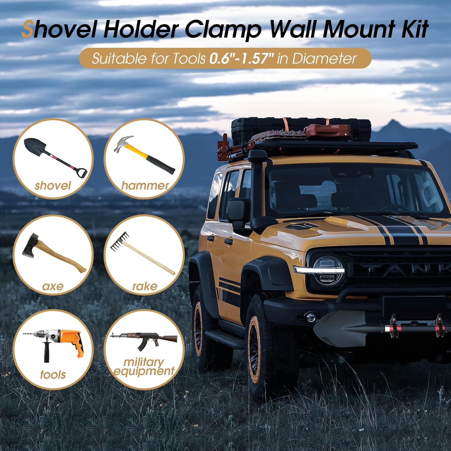 Shovel Mount for Roof Rack Truck Bed, Truck Jeep Offroad Roof Rack Axe Shovel Mount, Shovel Holder for Truck & Quick Fist Clamps Fit 0.67" to 1.57" D Tools -Black 8PCS