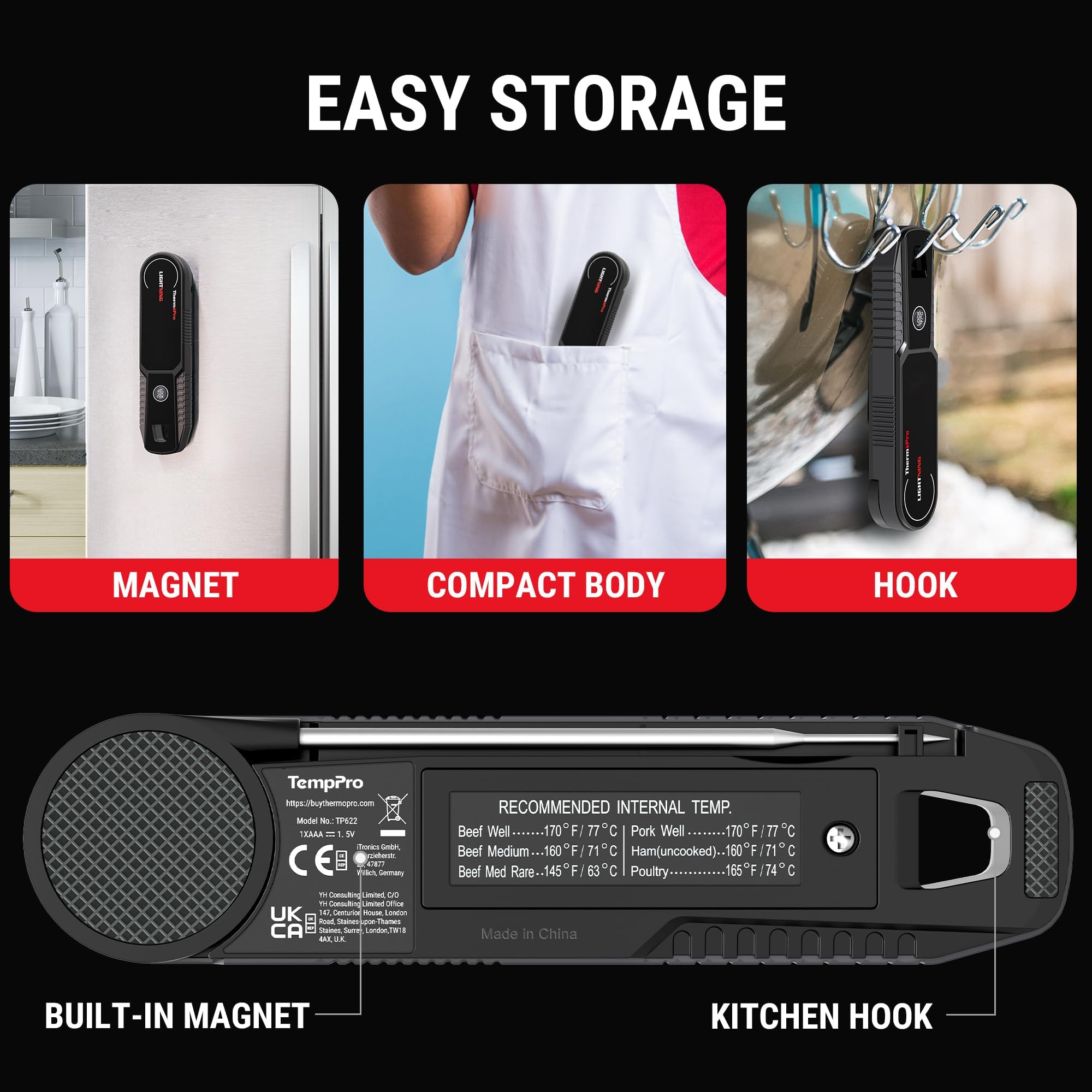 ThermoPro 0.5 Saniye Lightning Anında Okuma Özellikli Et Termometresi, Otomatik Uyandırma/Uyku/180° Döndürülebilir Ekranlı, IP67 Su Geçirmez Pişirme Termometresi (Yağda Kızartma, Barbekü, Izgara için)