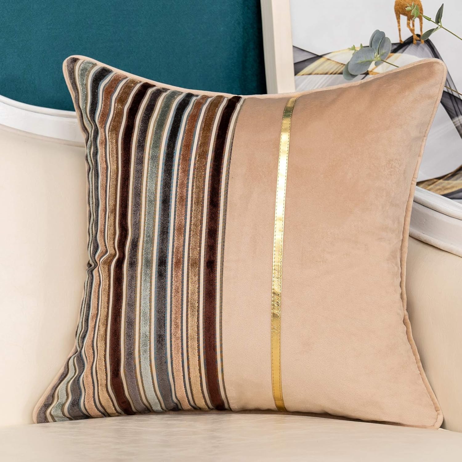 Yangest Brown Striped Throw Pillow Cover Multicolor Velvet Cushion Cover Modern Bohemian Pillowcase for Sofa Couch Bedroom Living Room Home Christmas Decoration,20x20 Inch