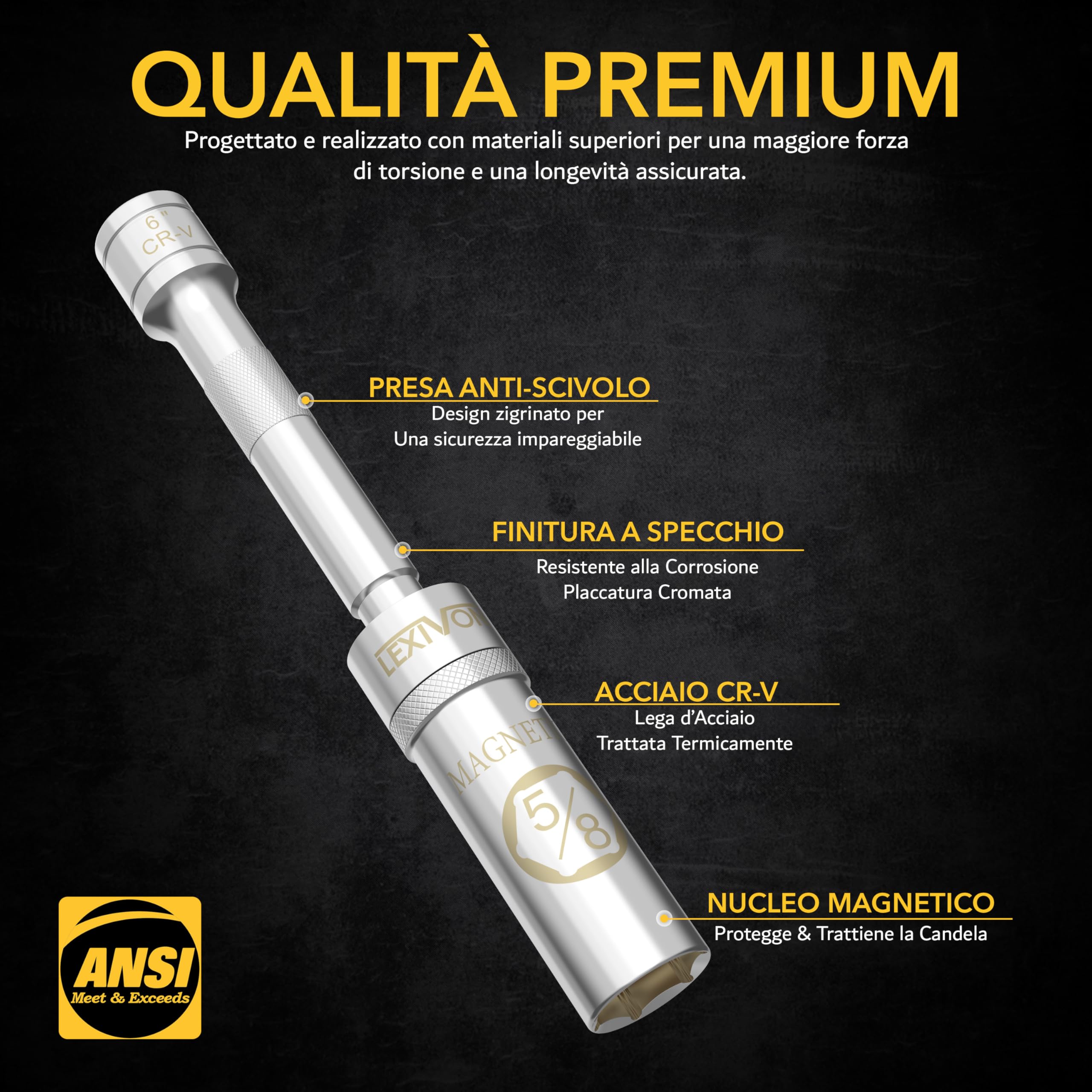 LEXIVON Chiave A Bussola Magnetica Con Snodo Per Candele Da ⅝”, Attacco Da ⅜”, Lunghezza Totale Di 6” Chiave A Bussola Dalla Grande Forza Magnetica E Pareti Sottili, Acciaio Cromo Vanadio Cr-V(LX-121)