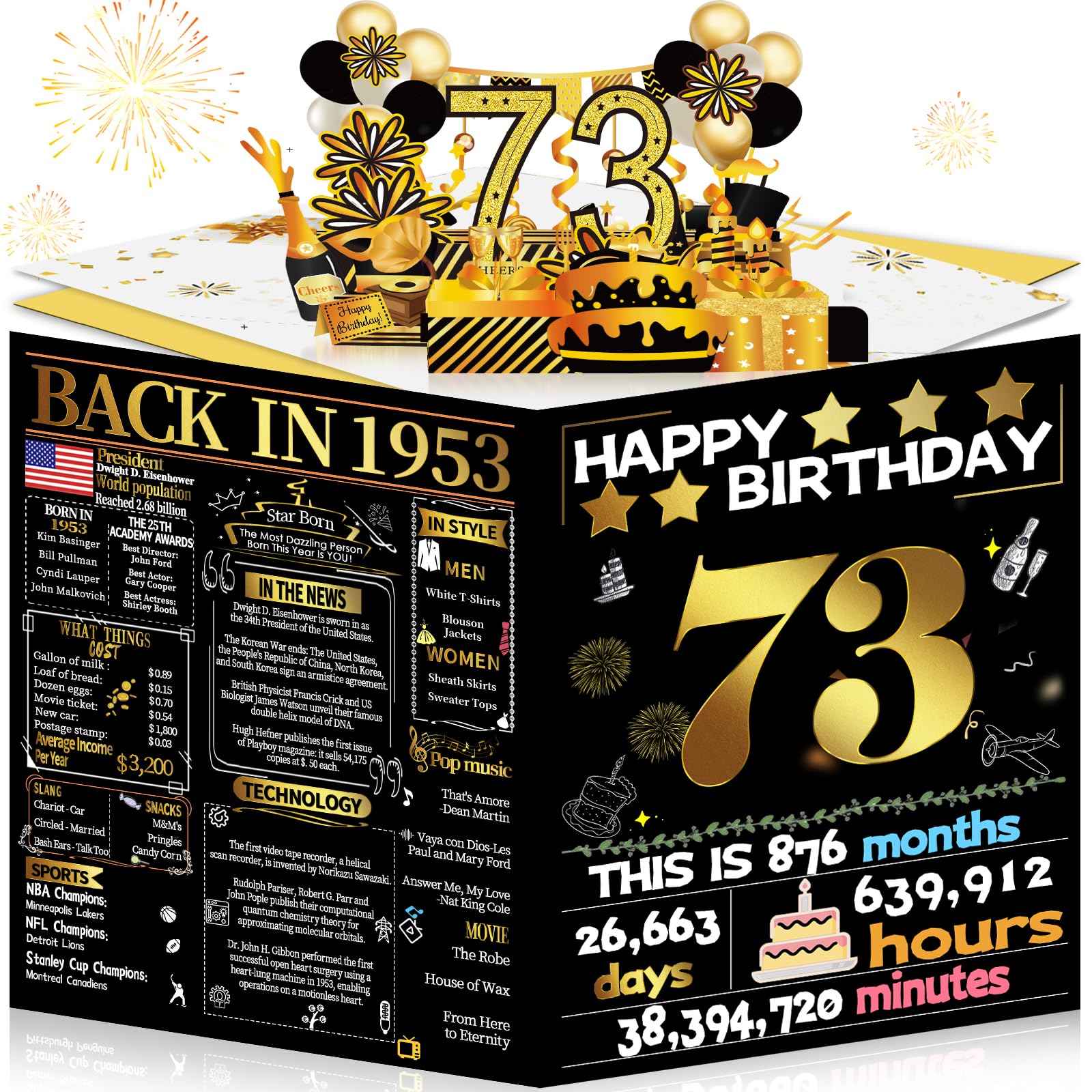 Joycard 73rd Birthday Card for Women Men, 3D Pop Up Happy Birthday Gift for Grandpa Grandma, Funny 73 Year Old Birthday Decorations for Mother Dad, Back in 1953 Laser Gold Retro Theme