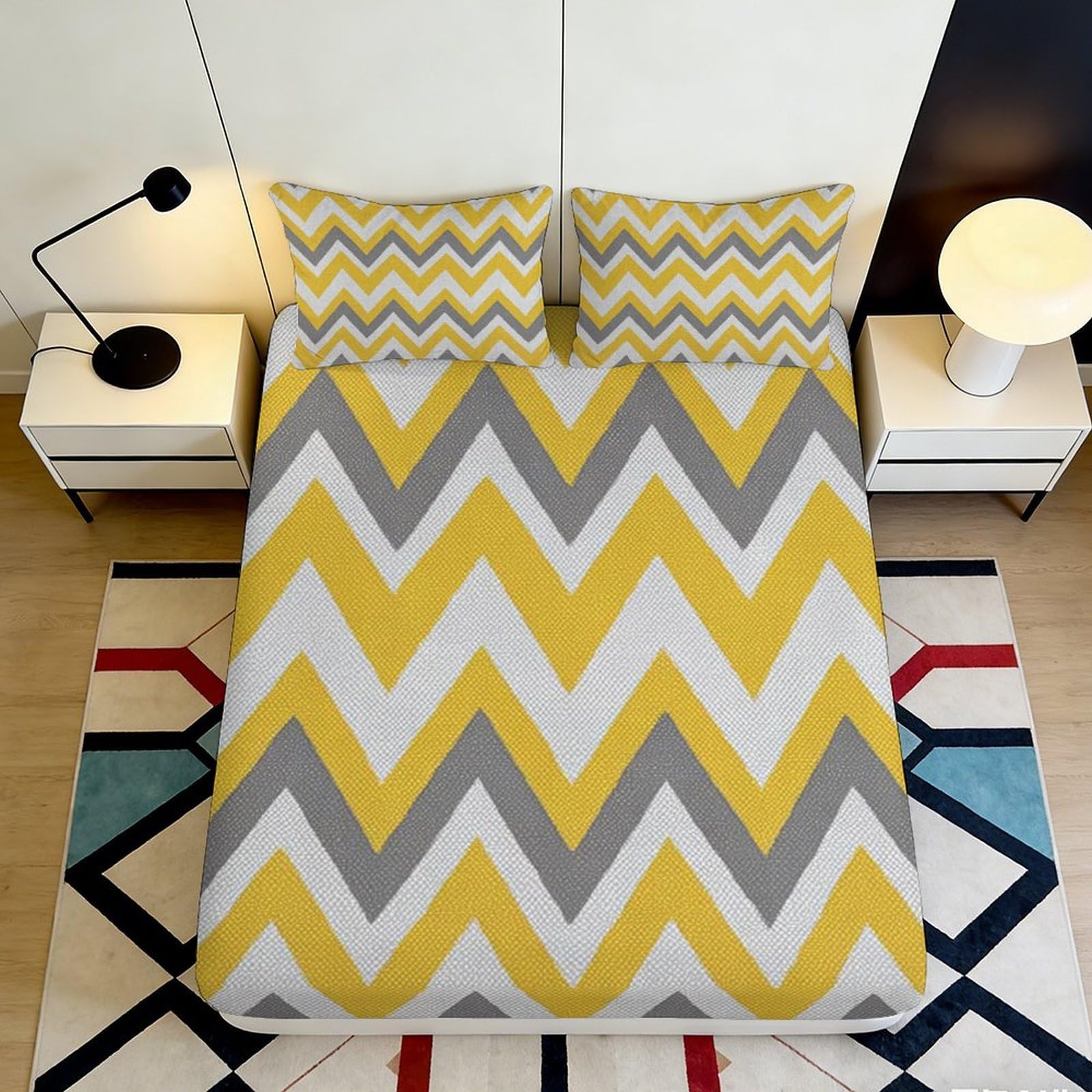 Pnayamiorkfel Style-9 3D Printed Yellow Grey Chevron Fitted Sheet Microfiber Soft Modern Zigzag Mattress Cover For Bedroom Dorm Decor Protection 90X200x25cm