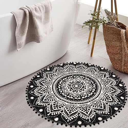 Miniatura 4 de Uphome Alfombra redonda bohemia para dormitorio, 3 pies, diseño de mandala, color negro, con pompones, flecos, lavable, alfombra circular