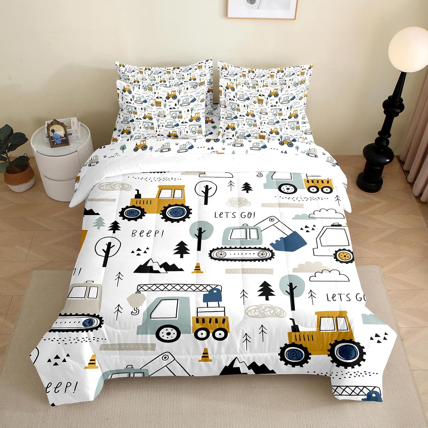 7 Pieces Construction Comforter Set for Kids Toddler Twin Size Truck Car Bedding Set for Boys Girls Teens Bed in a Bag with Comforter, Sheets, Pillowcases & Shams