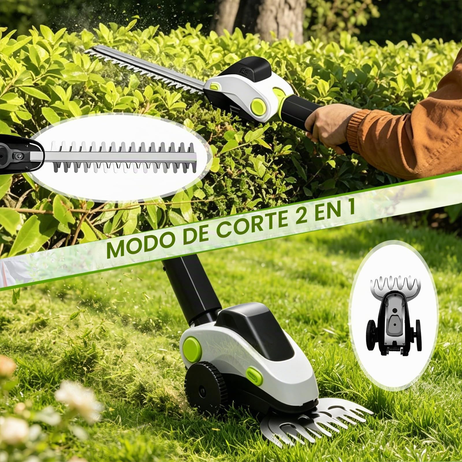 Tijera Cortacésped y Arreglasetos 2 en 1, Cortasetos Eléctrico con 2 Batería y Cargador, Tijeras para Césped con Mango Telescópico para Podar Césped, Arbustos y Setos