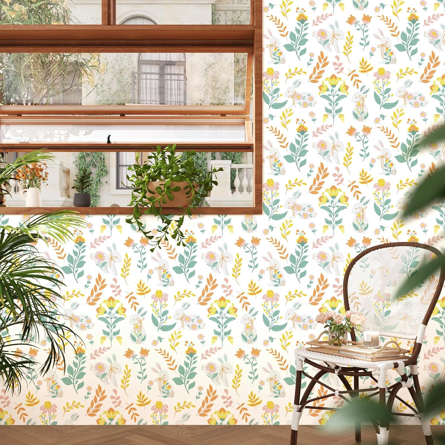 VaryStyle Boho Bunny Floral Wallpaper Cute Rabbit Floral Peel and Stick Wallpaper for Nursery Girls Bedroom Removable Self Adhesive Fairy Animal Print Contact Paper for Dollhouse Cabinets 17.7"x118"