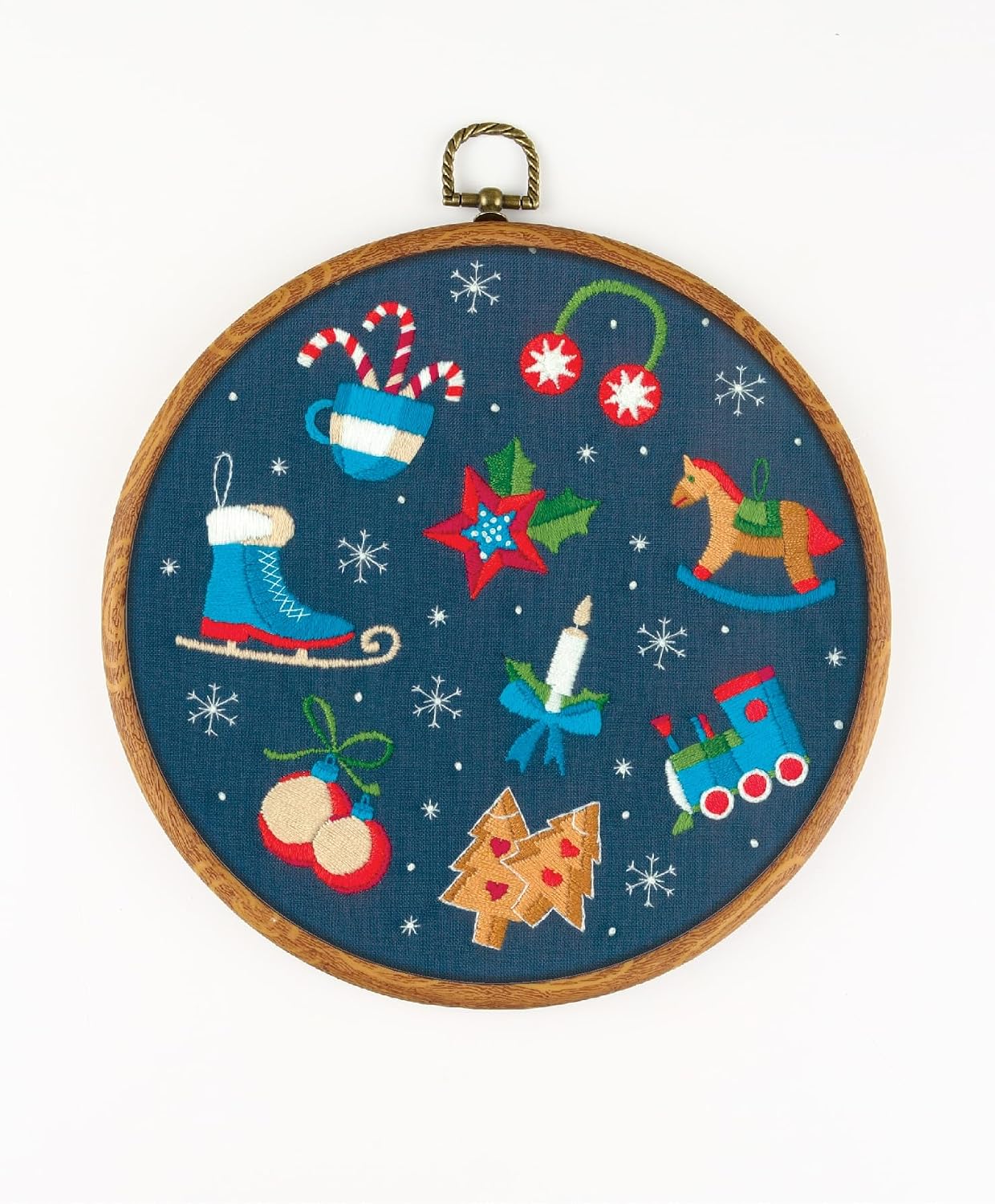 Winter Holidays are Coming EM295 - DIY Embroidery Kit. Set of Threads, Needles, Stamped Cloth, Needle Threader, Embroidery Clippers and Printed Color Pattern Inside.