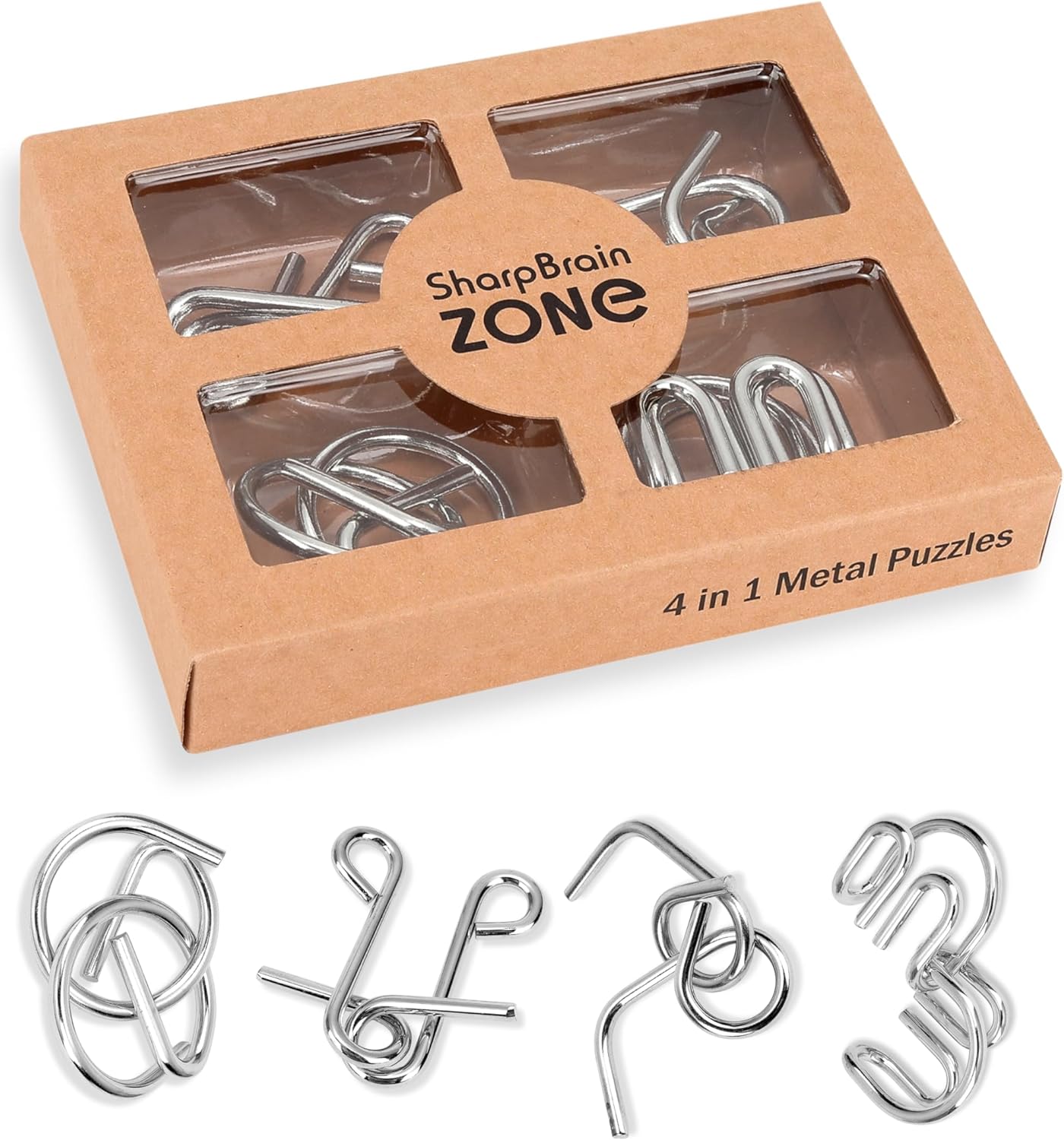 4-in-1 Classic Metal Puzzle Set by Sharp Brain Zone – Durable Brainteasers, Mechanical Logic Games, Brain Training Challenges, Travel Puzzles & Smart Gift