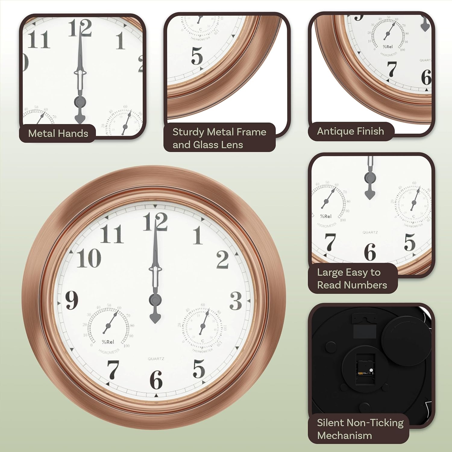 Pure Garden Indoor Outdoor Clock Thermometer Combo - Waterproof Outdoor Wall Clock with Temperature and Humidity - Silent Battery Operated Quartz Clock for Bathroom Patio or Pool
