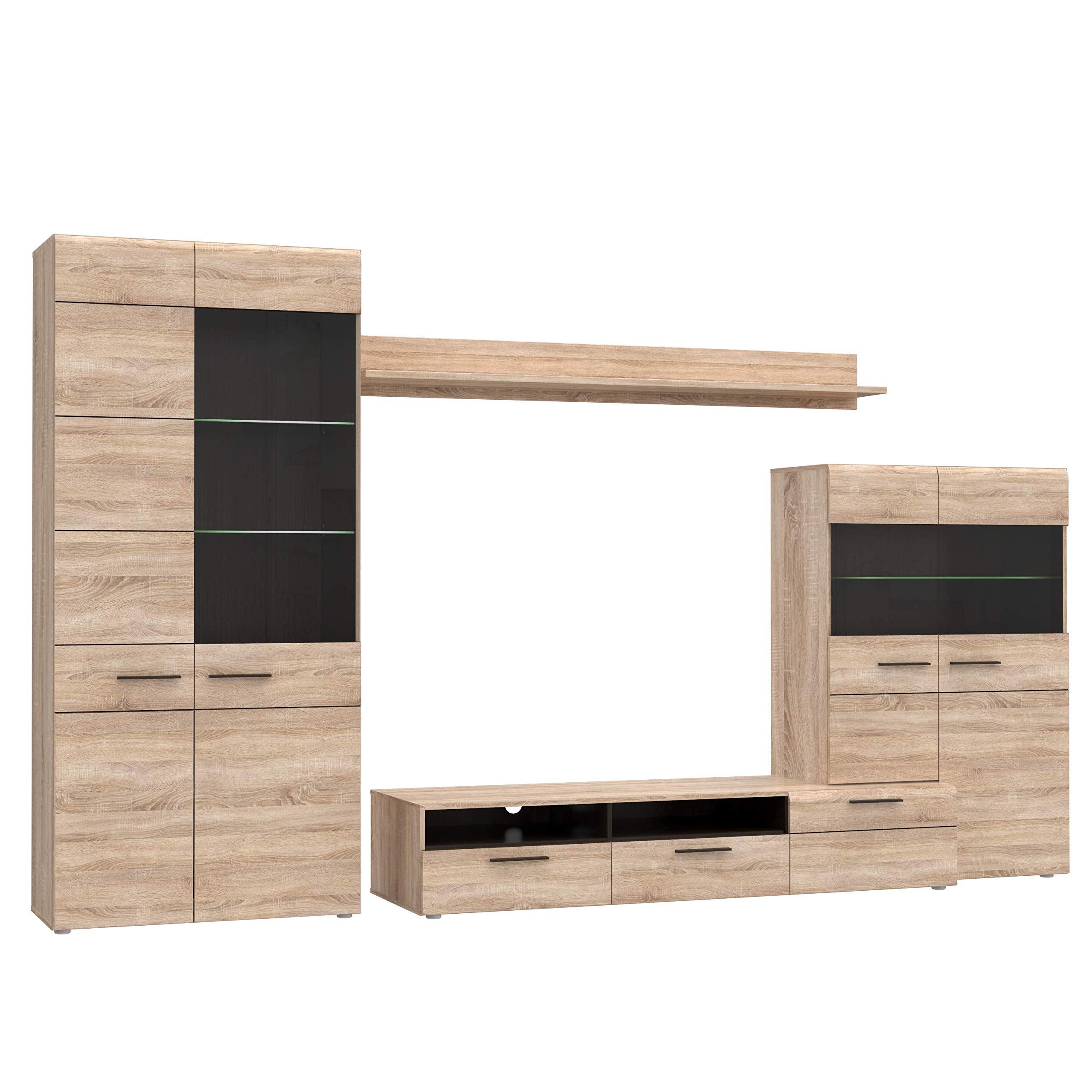 FORTE Combino Wohnwand mit 2 Türen, 3 Glastüren und 2 Schubladen, Holzwerkstoff, Sonoma Eiche/ Denver Eiche / Wenge, 197 x 330 x 52 cm