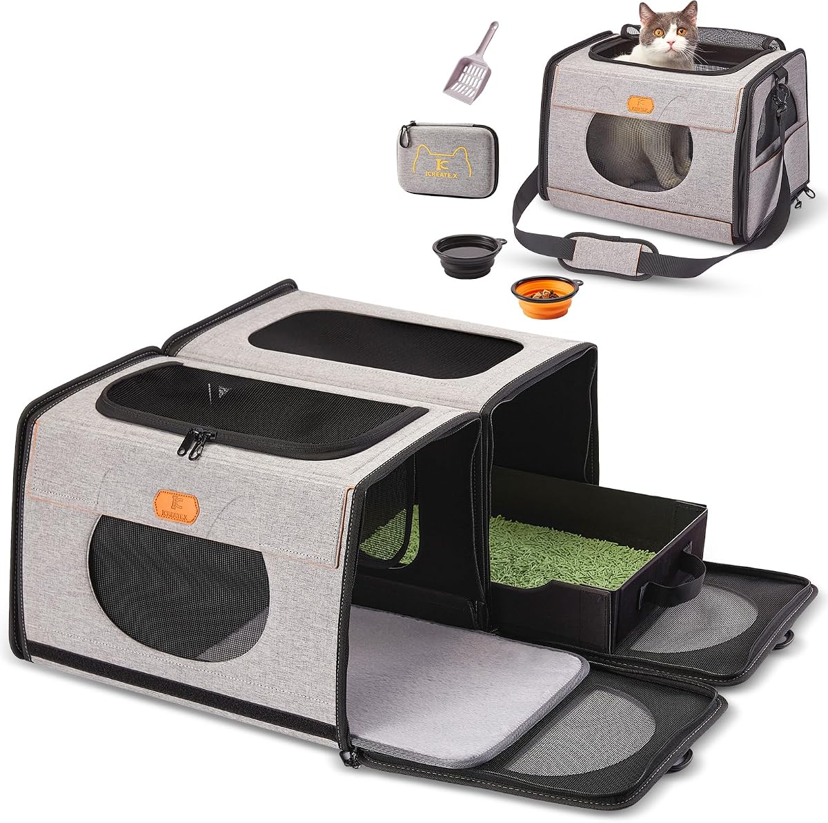 Cat Travel Carrier with Litter Box, Large Cat Carrier for Car | Double Cat Carrier, Pet Carrier 2-in-1, Cat Crate for kitten 2 cats, Collapsible Travel Transport carrier for Long Distance