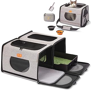 IC ICREATE.X Large Cat Carrier with Litter Box for Car Travel, Pet Carrier Bag 2-in-1，Double Cat Travel Transport Carrier ...