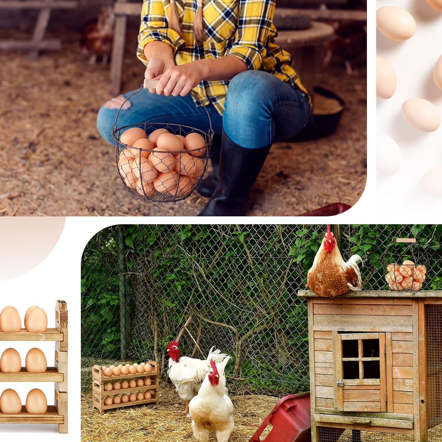 2 Pcs Egg Collecting Rack Kit Include Easter Wooden Fresh Egg Holder Countertop and Farmhouse Wire Eggs Basket with Handle for Gathering Fresh Eggs Vintage Home Storage Kitchen Organizer