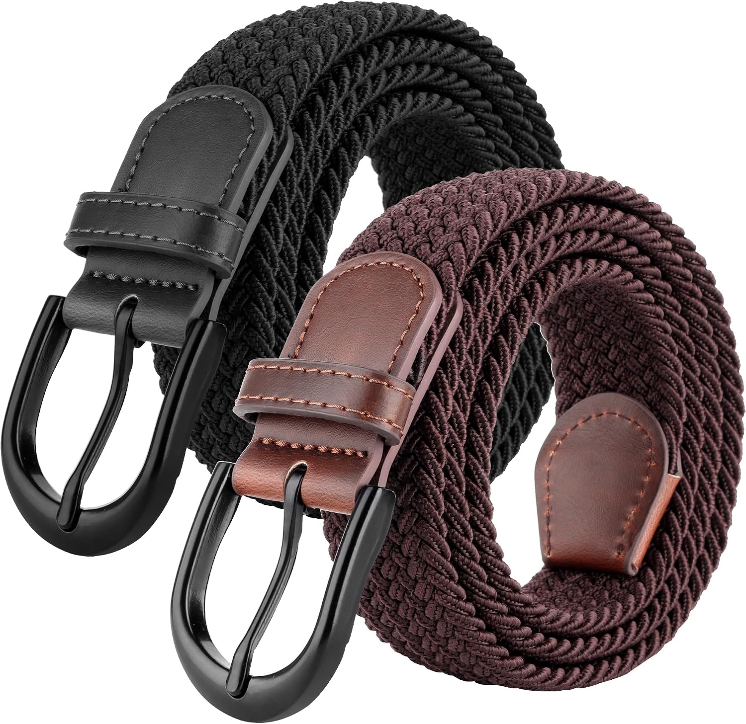 Mile High Life | Braided Stretch Elastic Belts | Pin Oval Solid Black Belt Buckle | PU Loop End Tip Men/Women/Junior Belt