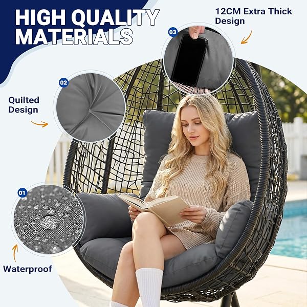 Yahbrra Thicken Egg Chair Cushion: Garden Outdoor Indoor Hanging Replacement Cushions for Hammock Waterproof Soft Swings Chair Cushion pp Cotton Filler (Dark Gray, 120 * 60 * 12cm) - 4