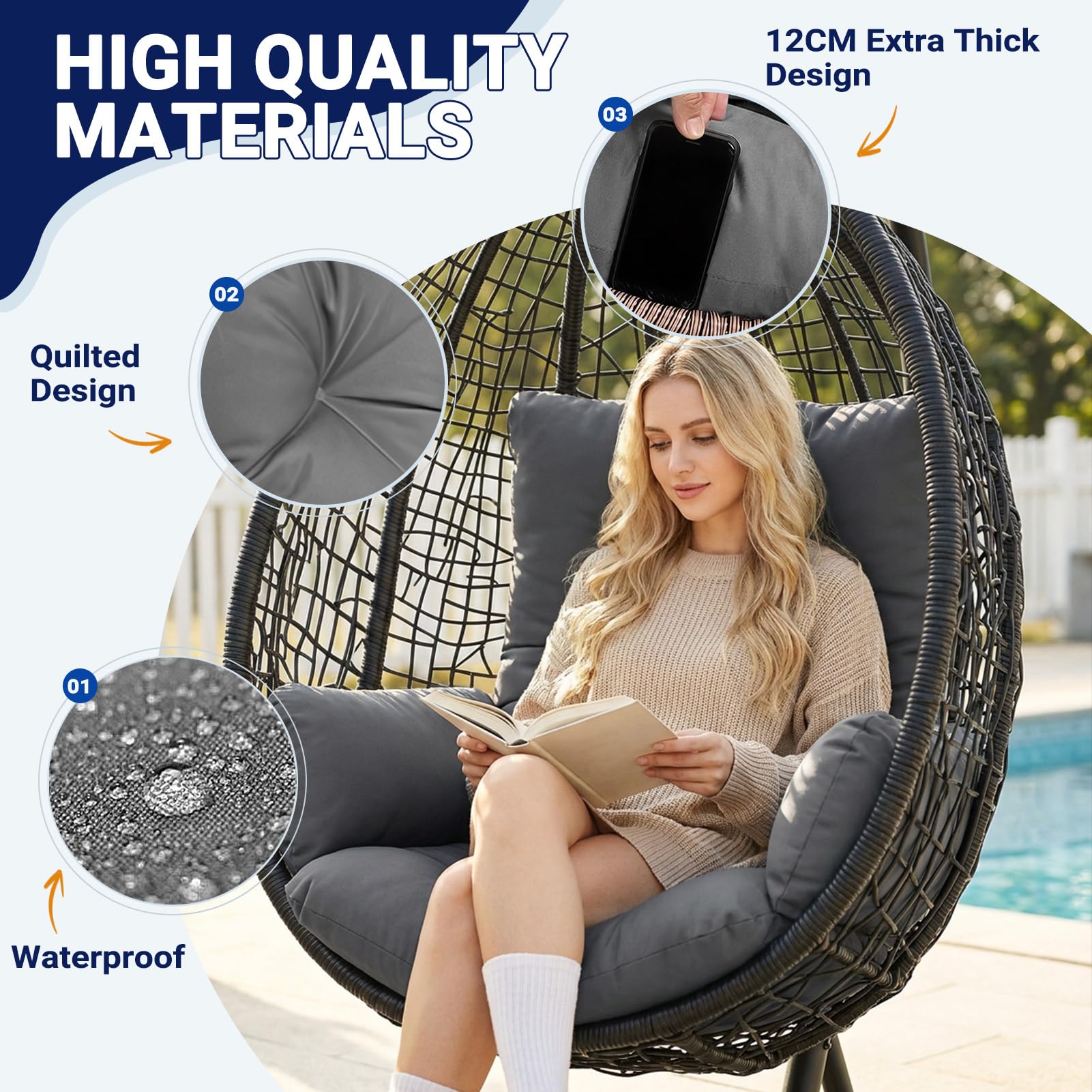 Yahbrra Thicken Egg Chair Cushion: Garden Outdoor Indoor Hanging Replacement Cushions for Hammock Waterproof Soft Swings Chair Cushion pp Cotton Filler (Dark Gray, 120 * 60 * 12cm) - 5