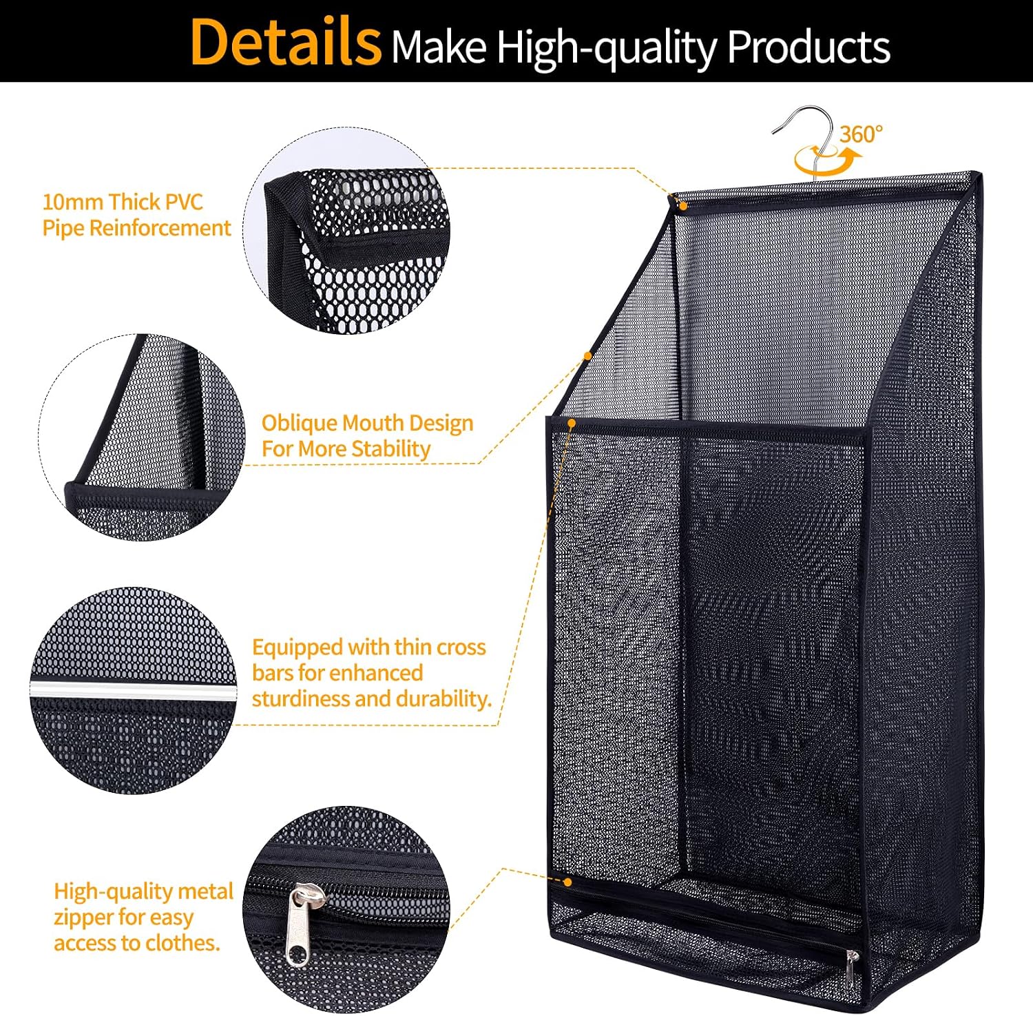 Hanging Collapsible Breathable Mesh laundry bags,Fast Drying Portable Space Saving Laundry Hamper for dorm,Rv Laundry Hamper Storage (Black)