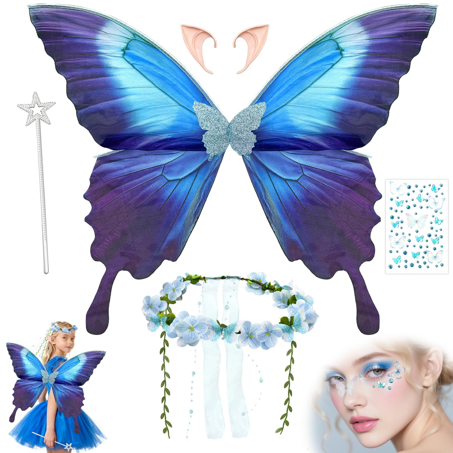 TZEKING Alas de Hada para Adultos y Niños, Alas de Mariposa con Orejas de Elfo, Diadema de Hada y Varita de Estrella, Disfraz de para Carnaval, Halloween, Cosplay, Cumpleaños