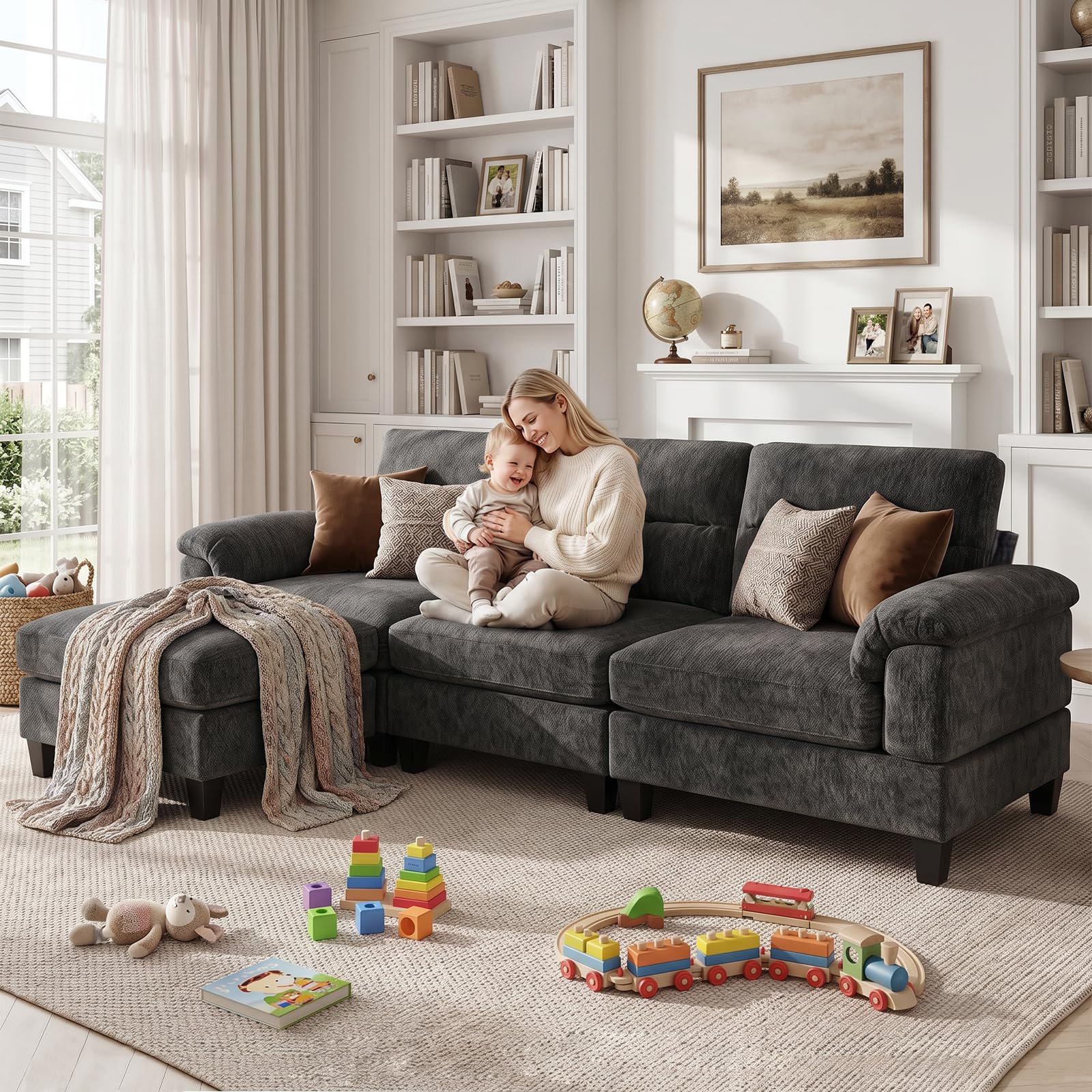 100.4" L-Shaped Modular Cloud Couch, Sectional Couches for Living Room | Cloud Comfort, Cozy Armrest Pillows, Elegant Chenille, Freely Modular, Quick Assembly, Dark Gray