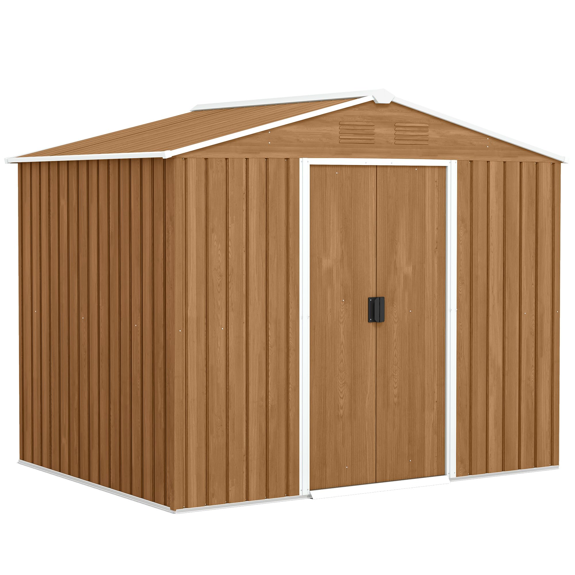 Outsunny Casetta da Giardino 3.6m² in Acciaio Zincato con Prese d'Aria, Capanno da Giardino con Doppia Porta Scorrevole Bloccabile, Tetto Inclinato, Capanno Porta Attrezzi, Marrone Scuro Effetto Legno