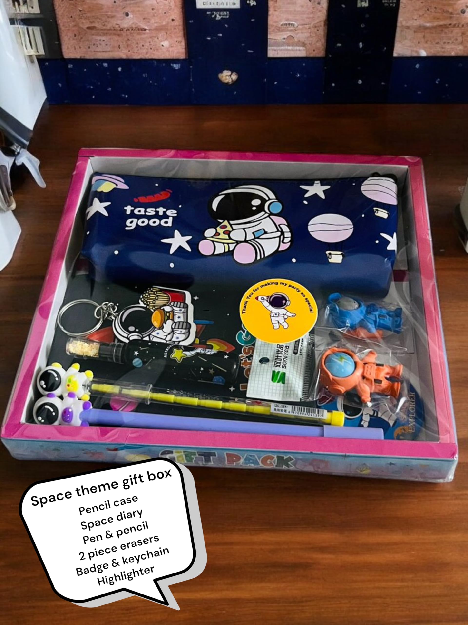 Le Delite Kids Space Astronaut Planet Theme Stationery Set-7-Piece Combo with Diary,Pouch,Eraser,Pen,Pencil,Keychain & Badge for Boys & Girls,Perfect Return Gift(Dark Blue with Box Packing),100 Pages 1