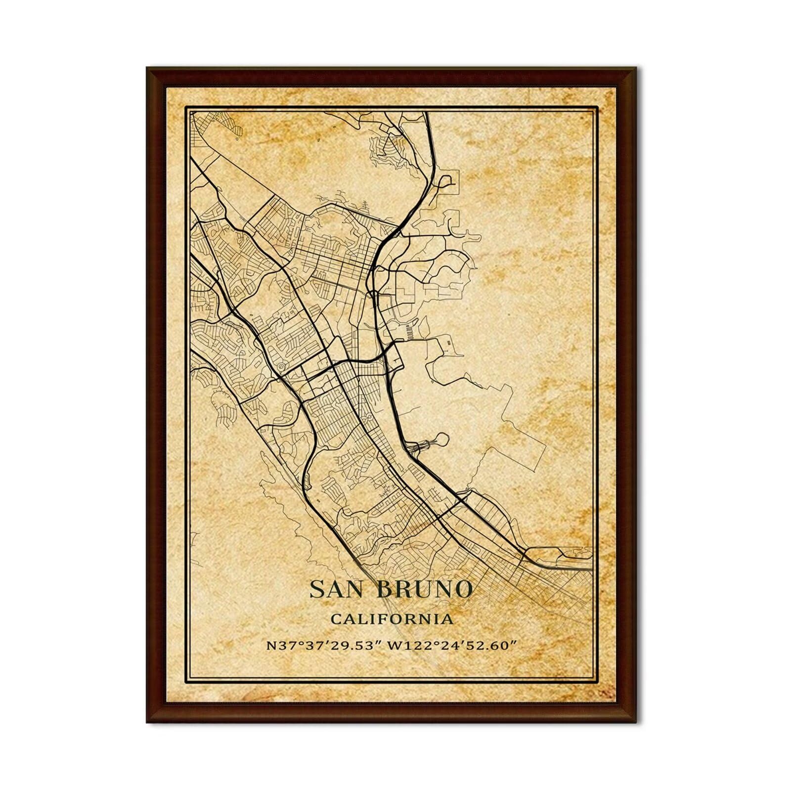 Tanokcrs San Bruno California America Decorative Painting Unframed Vintage City Map Wall Art Canvas Poster Artwork 18x24 inches