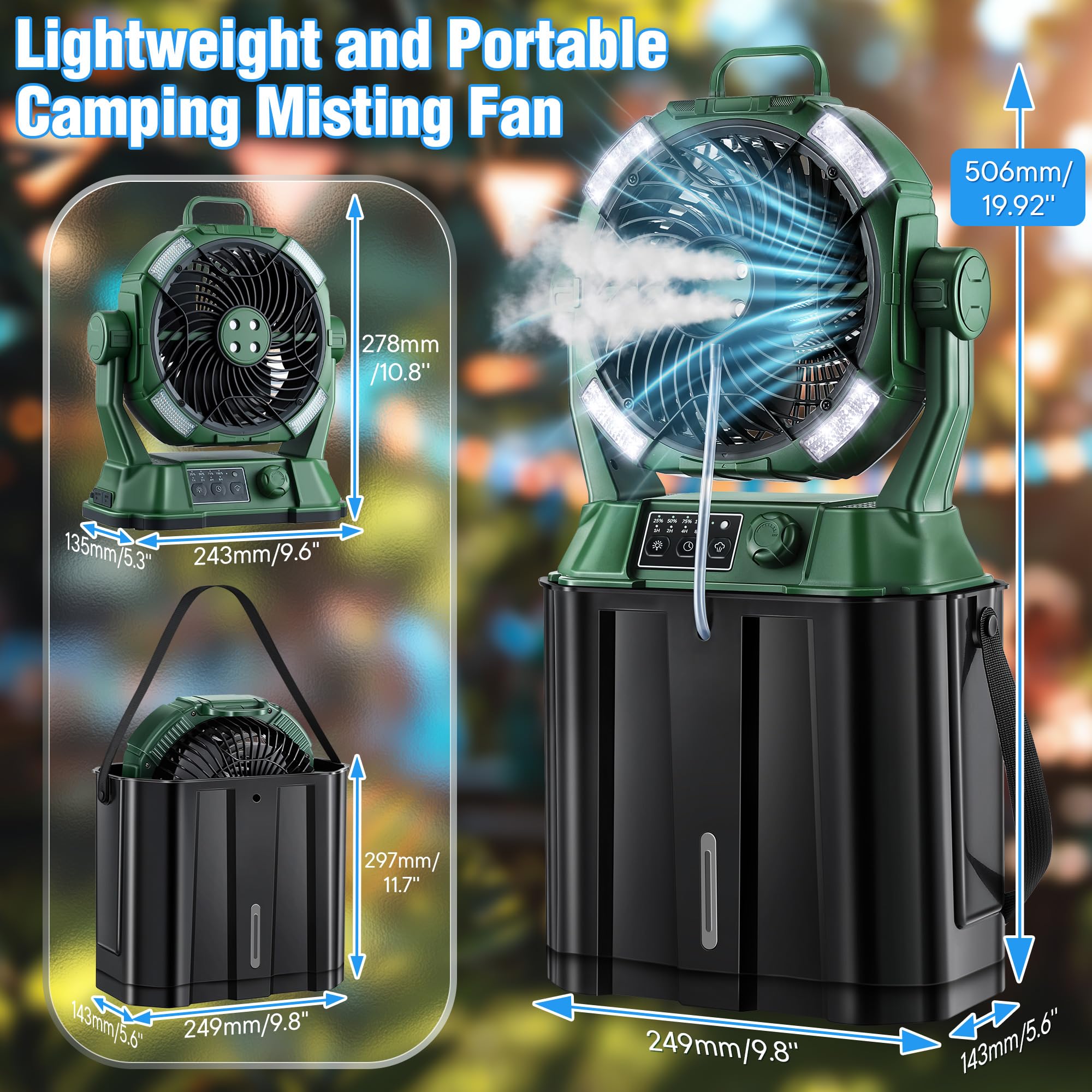 Tragbarer Nebelventilator, 4 LED-Lichter, stufenlose Geschwindigkeitsregelung und 4 Ausgänge, Kühlspray mit 6 l Eimer, Timer-Funktion, tragbarer Griff, 20.000 mAh, Campingventilator für