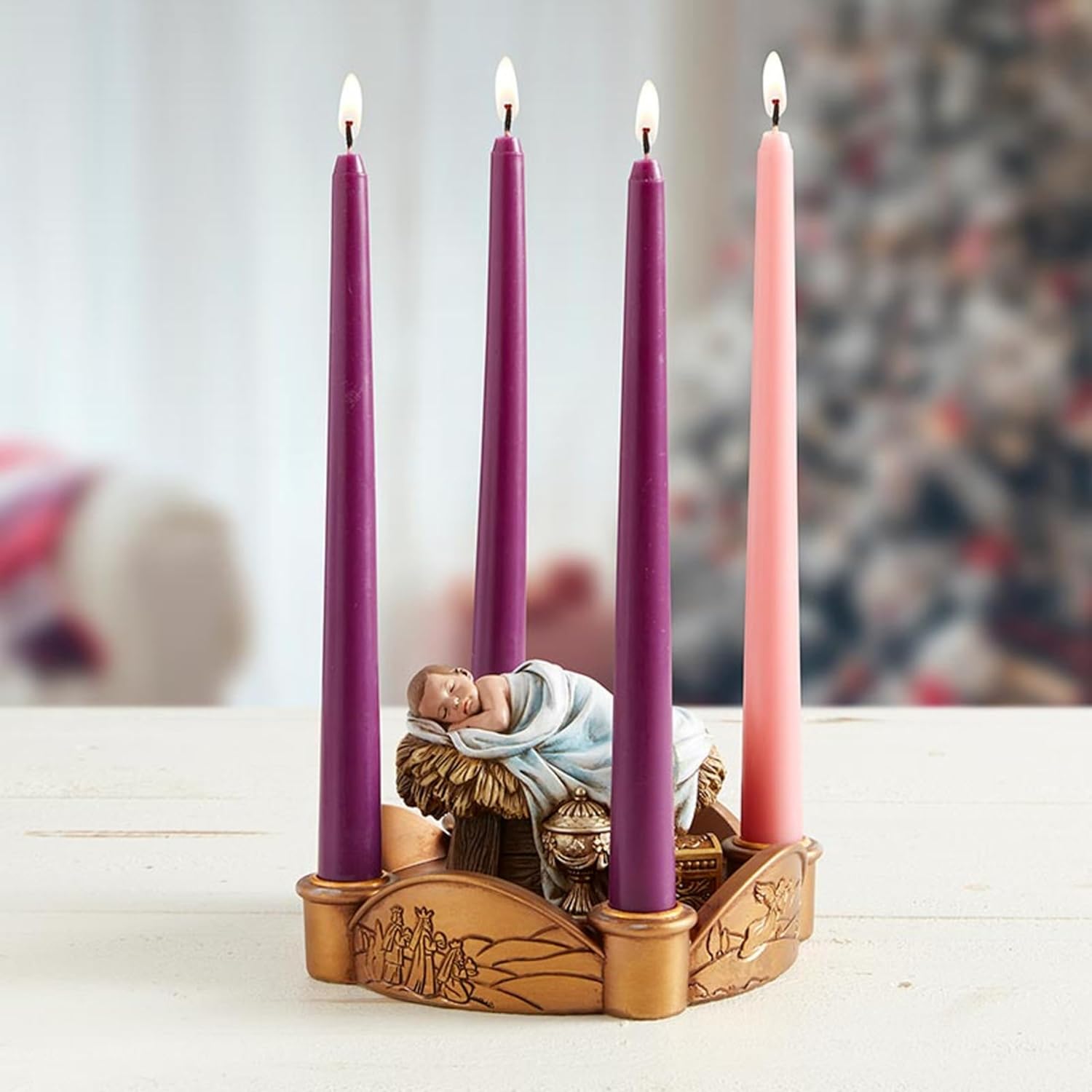 Avalon Gallery Candle Holders - Luxury Tabletop Christmas Centerpiece Advent Wreath Candle Holder Figurine, 7.5 x 7-Inch, Light of The World