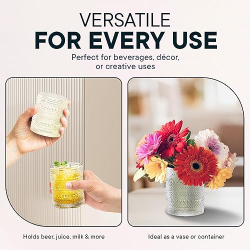 Miniatura 6 de 12 OZ - Juego de 12 vasos de vidrio con nudos estilo rústico – Cristalería vintage con relieve, vasos texturizados para agua, cerveza, cócteles,