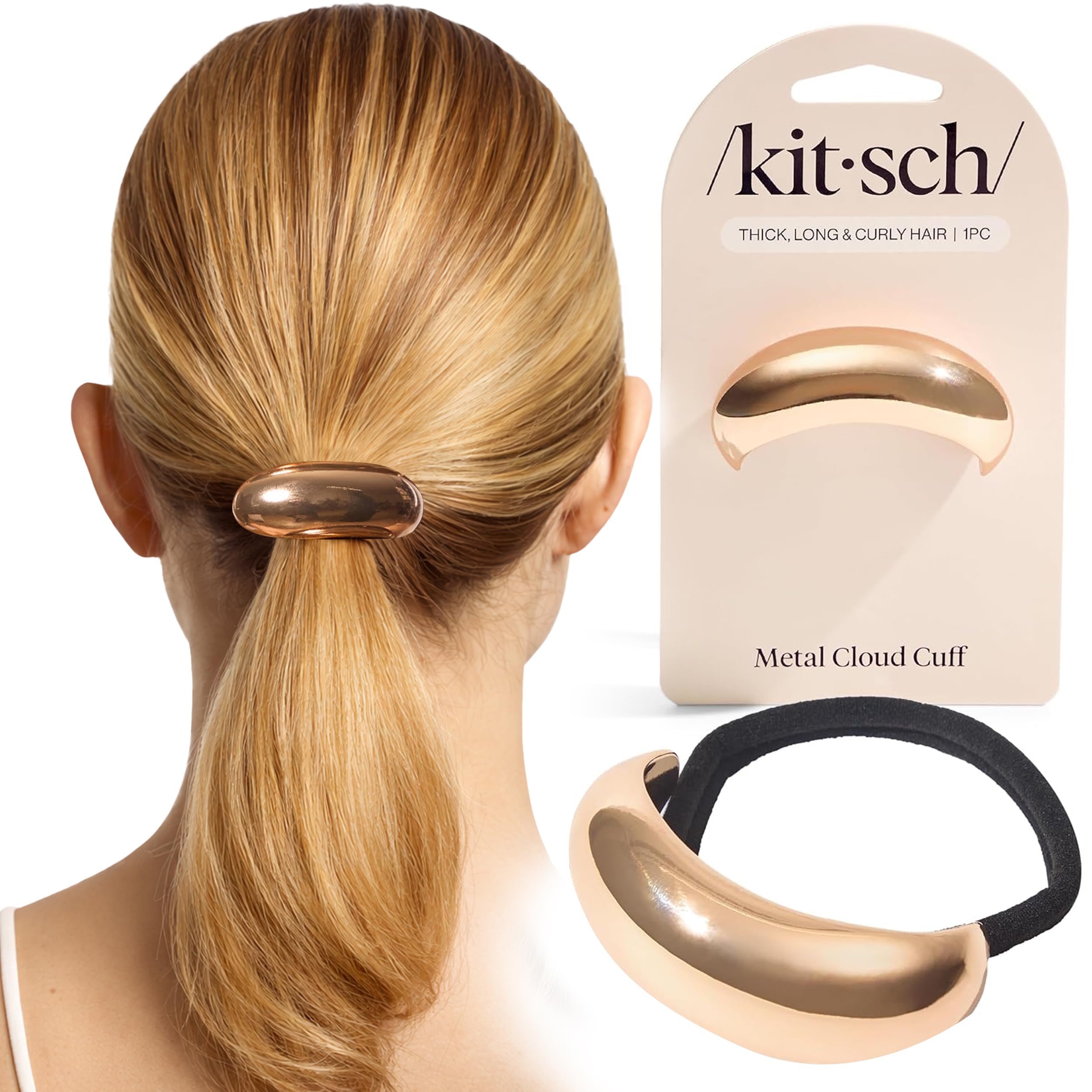 Coach Signature C Ponytail Hair Tie With 2 Gold Tone Balls and Dust Cover Glossy Double Arch Elastic Ponytail Holder, Gold/silver  main image 4