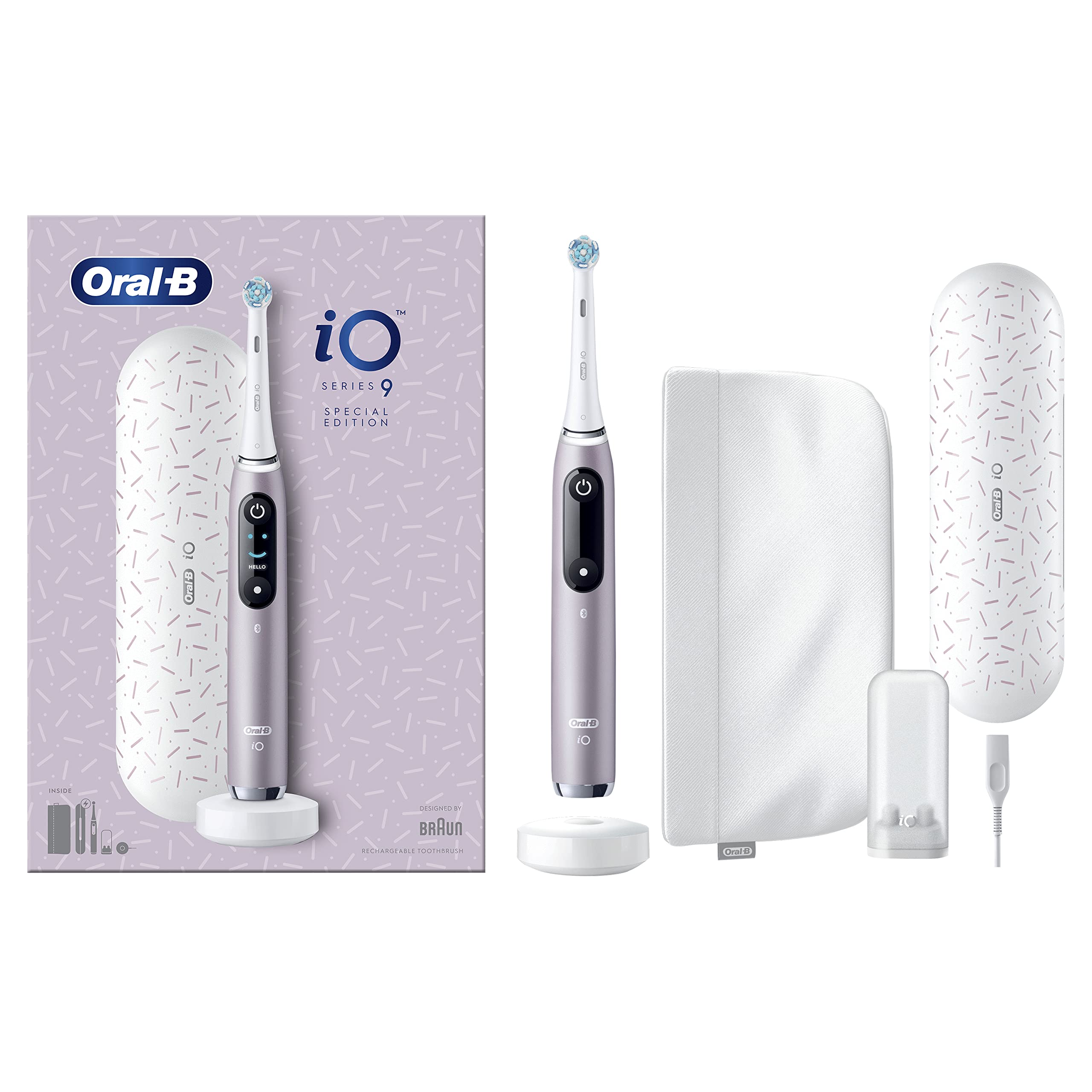 Oral-B Cepillo de dientes eléctrico iO Serie 9, edición especial, se conecta a la aplicación móvil Oral-B, con tecnología magnética iO, estuche de viaje con función de carga, bolsa de cosméticos