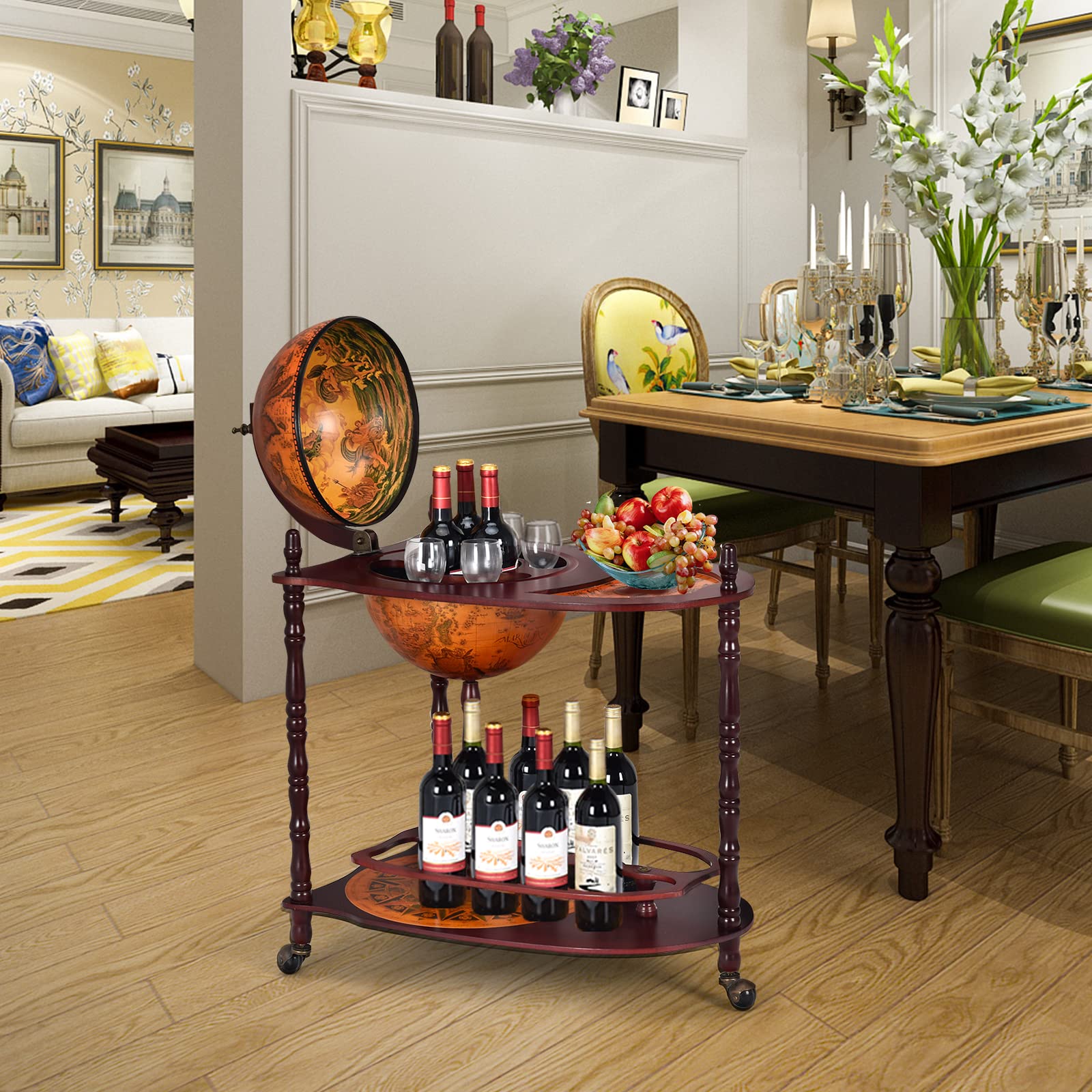 KOMFOTTEU Porte-bouteilles Bar Globe avec roues, porte-bouteilles à 2 niveaux, chariot de bar en bois, meuble minibar pour boissons, pour restaurant, fête (marron, 70 x 45 x 88 cm)