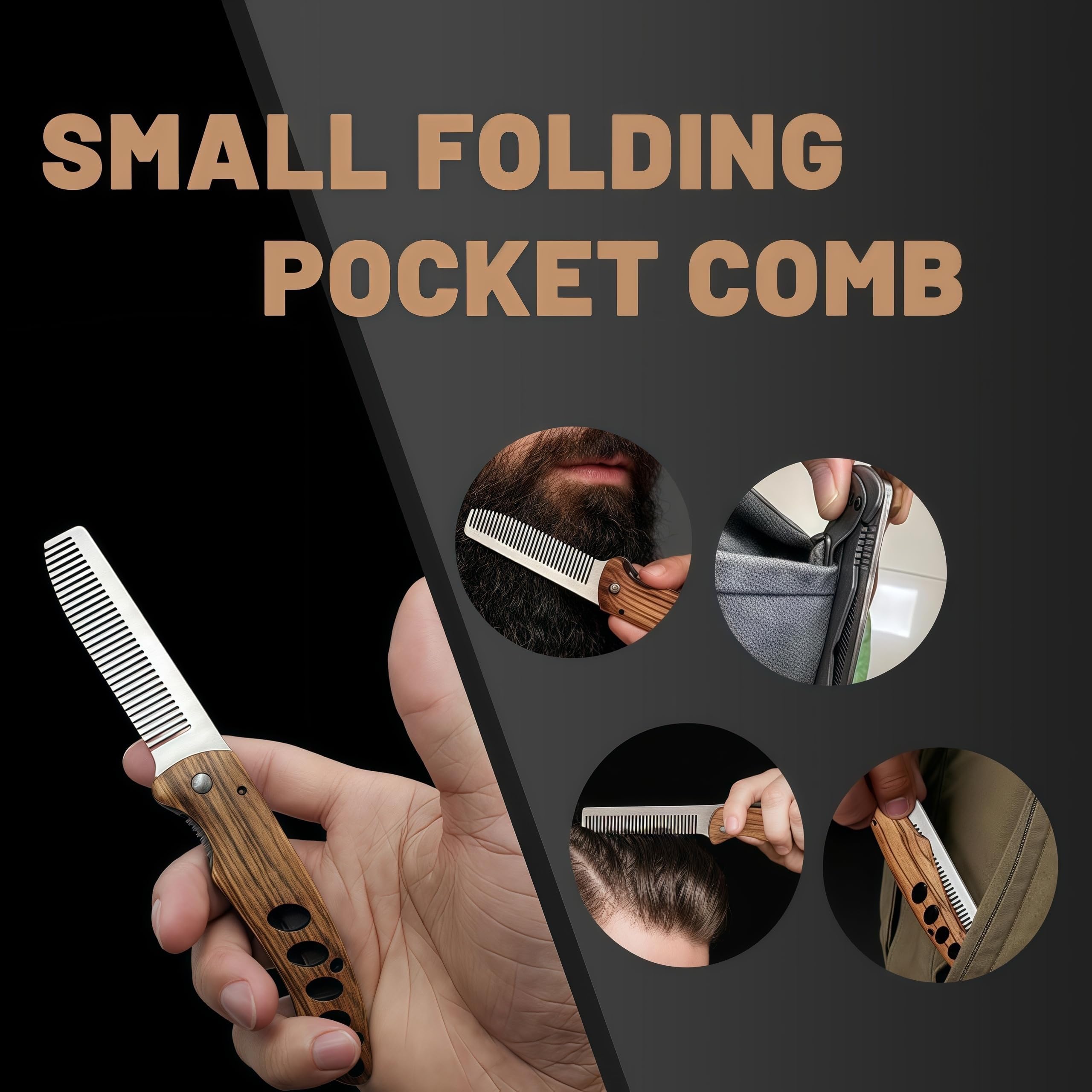1 Pezzi pettine barba uomo pieghevole in legno e acciaio inox, accessorio da viaggio per barba baffi, modello tascabile per capelli e cura quotidiana maschile, design portatile per uso casa e viaggio