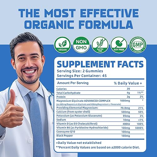 Miniatura 4 de Gomitas de glicinato de magnesio de 1000 mg  Suplemento de magnesio y potasio sin azúcar con vitamina D, B6, CoQ10 para un estado de ánimo tranquilo